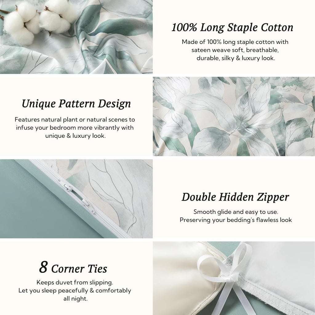 MILDLY King Size Duvet Cover Set 100% Long-Staple Cotton Luxury Sage Green Leaves Patten Reversible Comforter Cover Set 3Pcs
