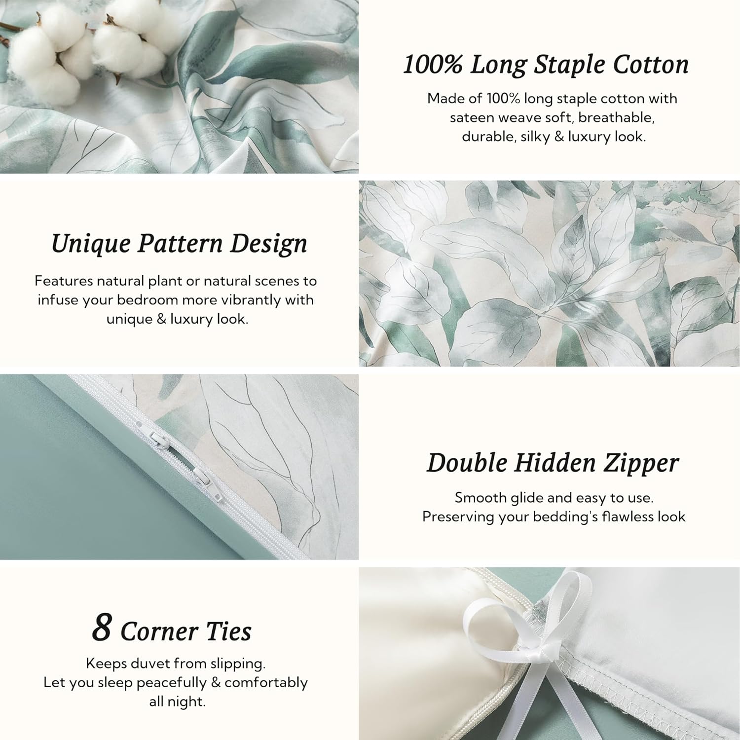 MILDLY Full Size Duvet Cover Set 100% Long-Staple Cotton Luxury Sage Green Leaves Patten Reversible Comforter Cover Set 3Pcs