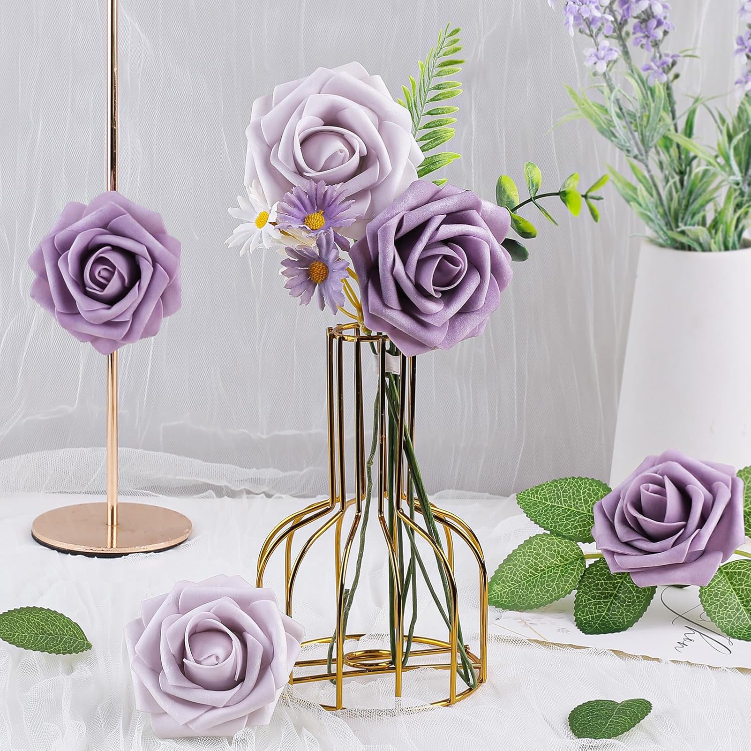 AmyHomie 25pcs Real Looking Artificial Pale Lavender Roses w/Stem for DIY Wedding Bouquets Centerpieces Arrangements Party Baby Shower Valentines Day Christmas Tree Decorations