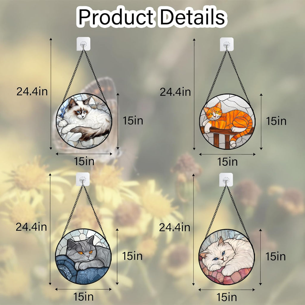 Stained Glass Window Hanging 4 Pcs Set Cute Cat Large 15" - Suncatcher Door Garden Sun Catcher Decor Birthday Mother's Day Christmas Comfort Gifts for Lost Pet Woman Nana Mom Men Friend