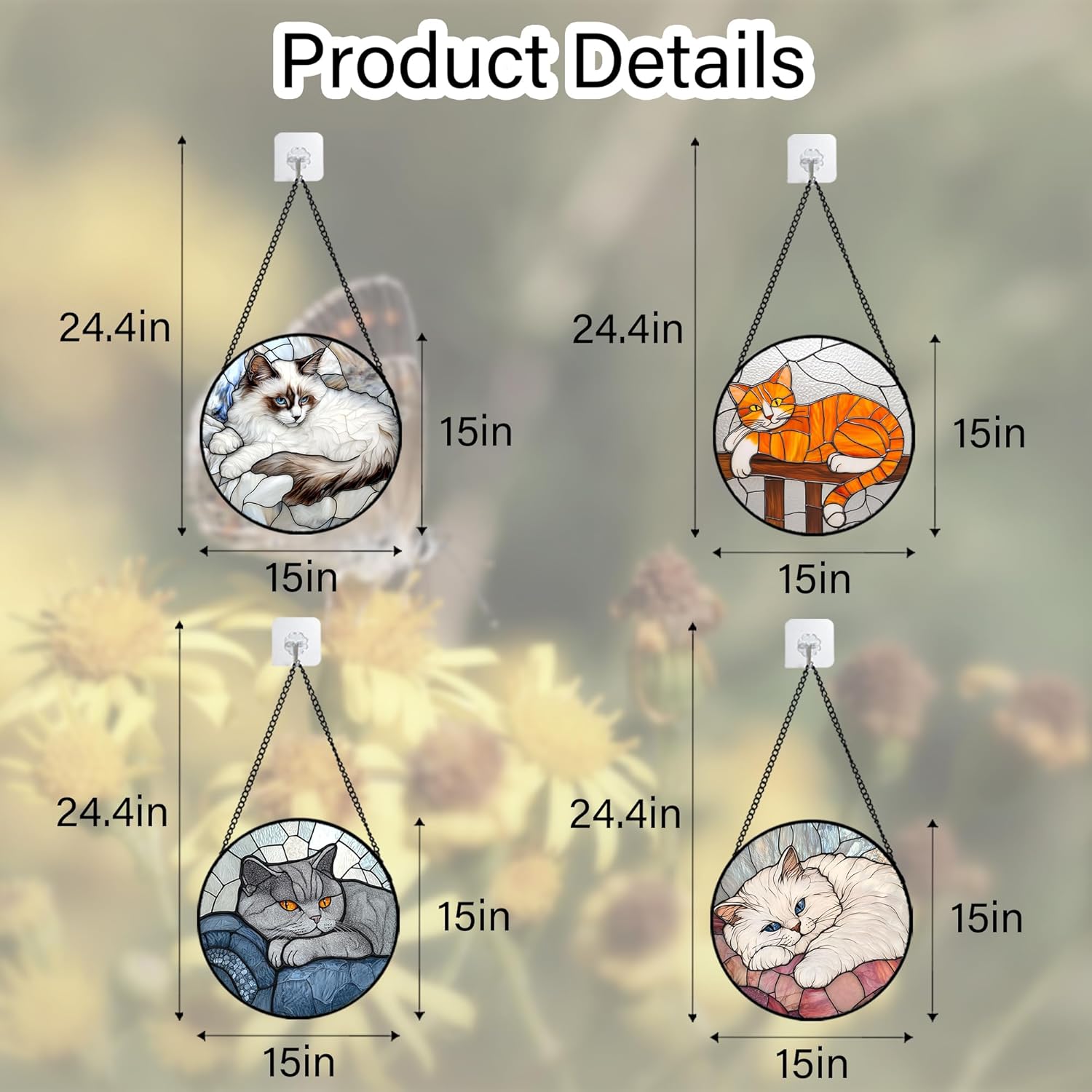 Stained Glass Window Hanging 4 Pcs Set Cute Cat Large 15" - Suncatcher Door Garden Sun Catcher Decor Birthday Mother's Day Christmas Comfort Gifts for Lost Pet Woman Nana Mom Men Friend