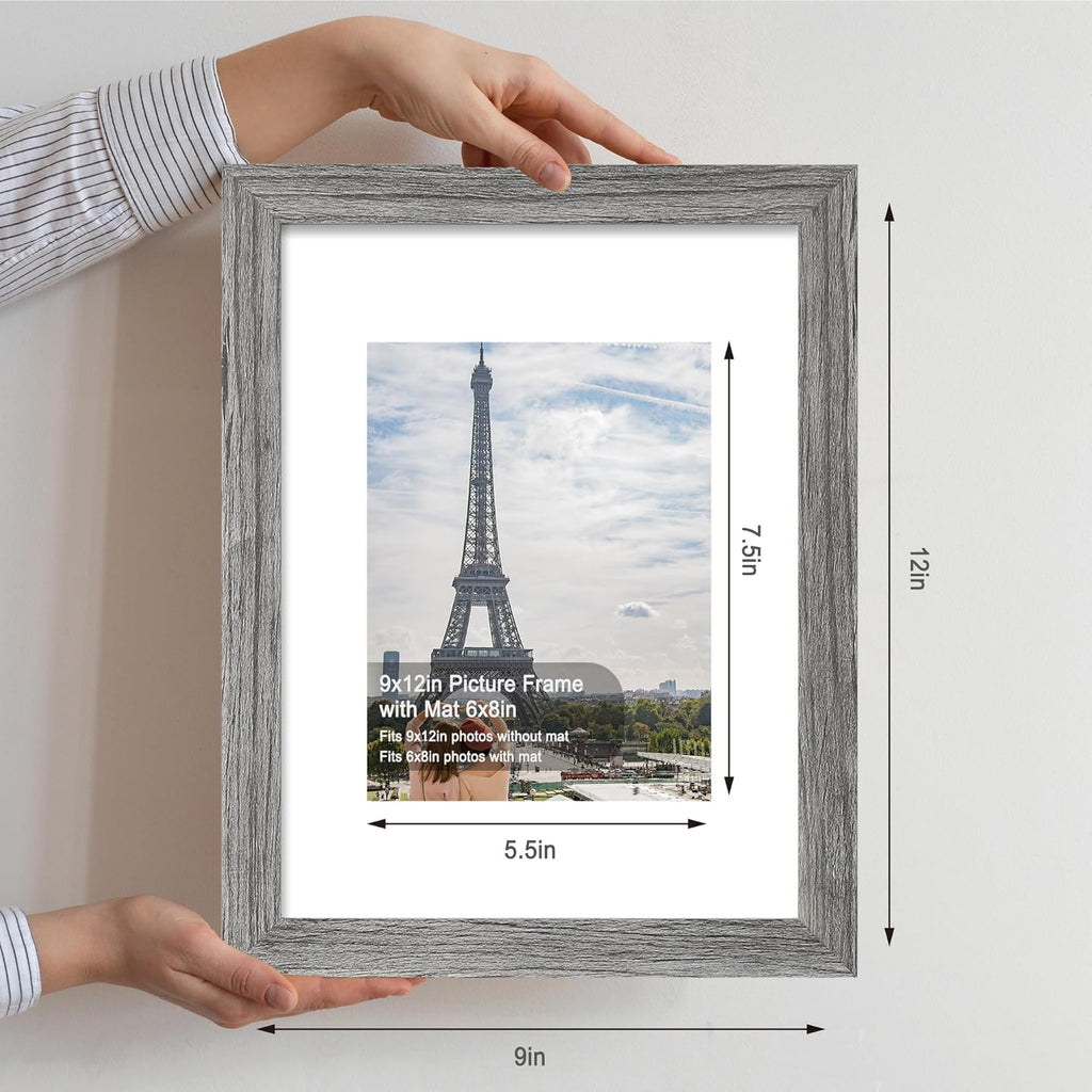 9x12 Picture Frame Set of 4, Made of Glass and Grey Wooden Frame - Display Picture 6x8 with Mat or 9 x 12 Without Mat, 9 by 12 Photo for Wall or Tabletop