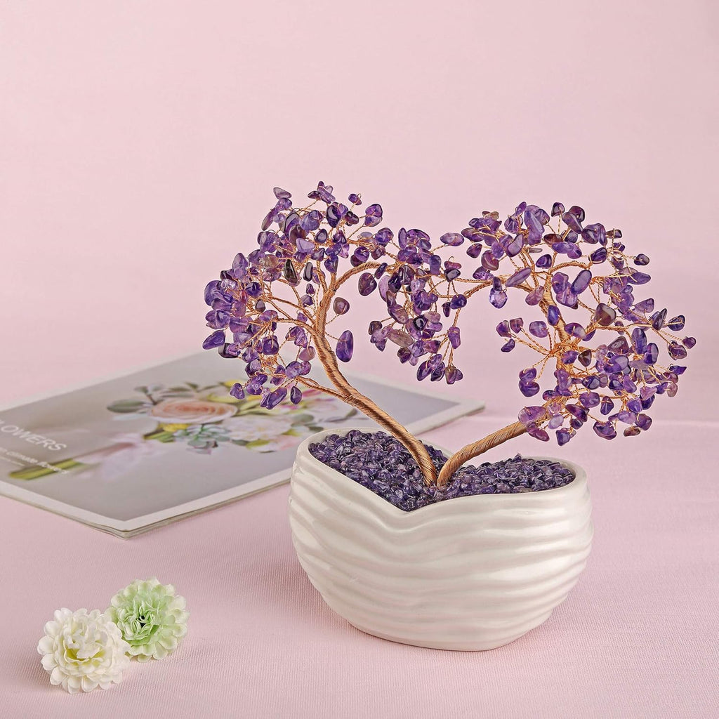 GEHECRST Amethyst Crystals Heart Money Tree Reiki Healing Gemstones Quartz Bonsai Tree Feng Shui Crystal Ornament for Home Desk Decoration Love Heart Crystal Gifts for Mom Christmas Day Her Women