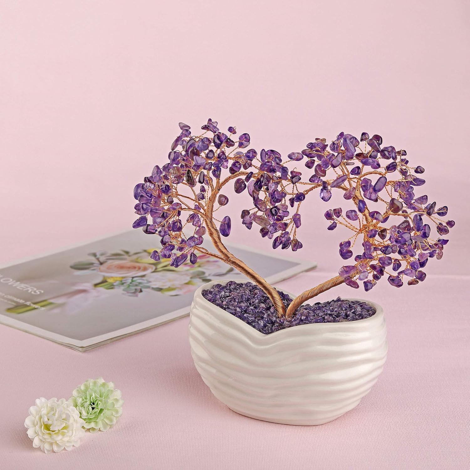 GEHECRST Amethyst Crystals Heart Money Tree Reiki Healing Gemstones Quartz Bonsai Tree Feng Shui Crystal Ornament for Home Desk Decoration Love Heart Crystal Gifts for Mom Christmas Day Her Women