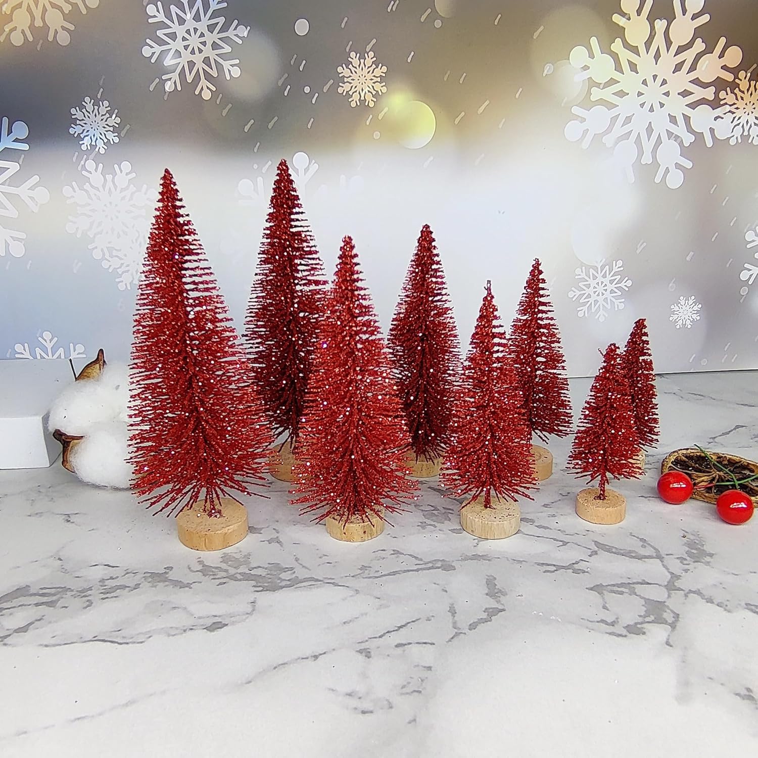 8 Pcs Artificial Mini Christmas Trees, Miniature Pine Trees Sisal Trees with Wood Base Tabletop Christmas Tree for Christmas Xmas Holiday New Year (Red, 8 pcs)
