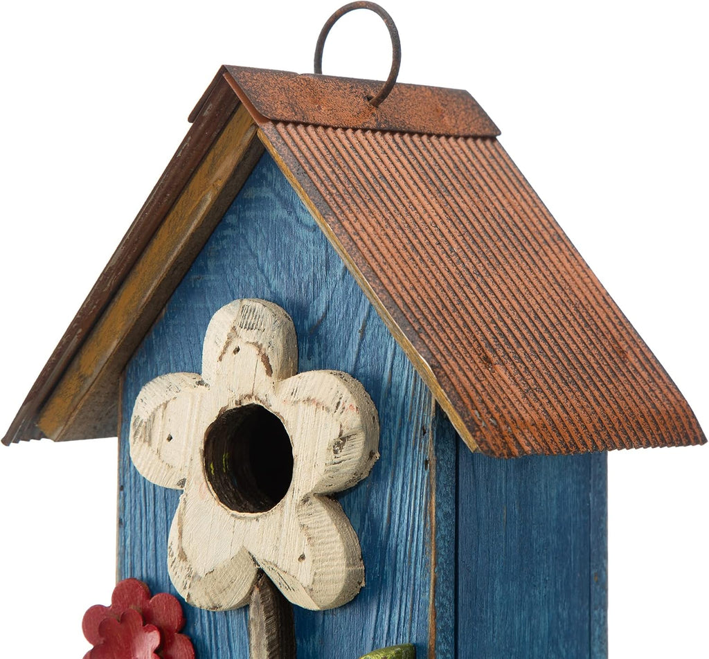Glitzhome 10.2" H Hanging Bird House for Outdoor Patio Garden Decorative Birdhouse Pet Cottage Distressed Wooden Birdhouse, Flower Rustic Blue