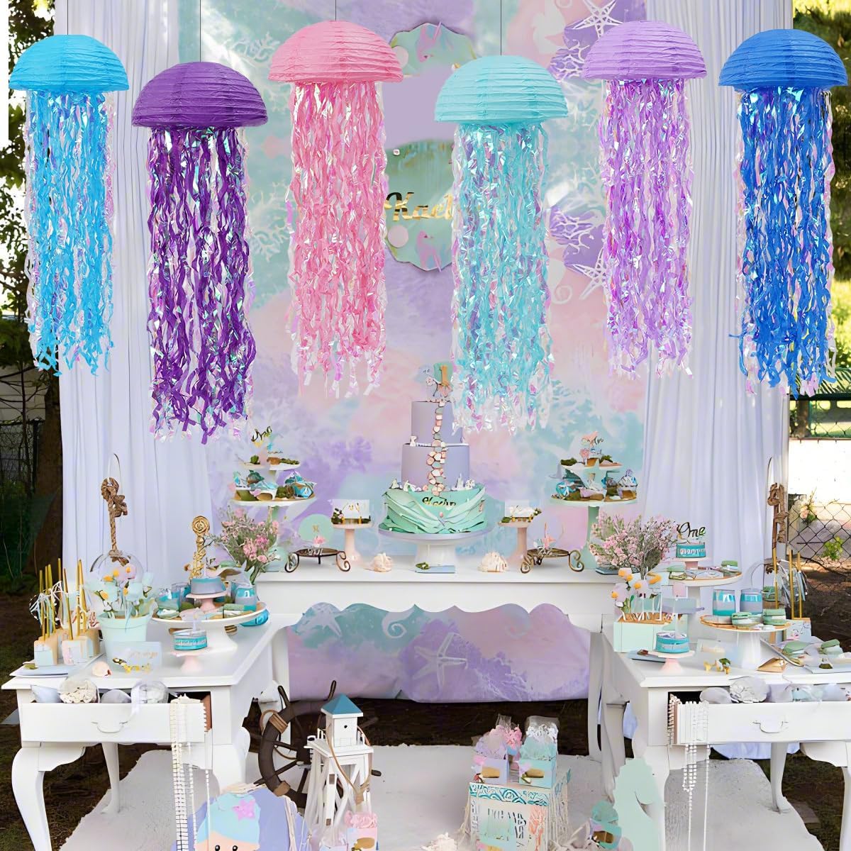 Mermaid Birthday Decorations, Jellyfish Paper Lanterns for Mermaid Party Baby Shower Under The Sea Ocean Birthday Party Decorations Pack of 6 Colorful