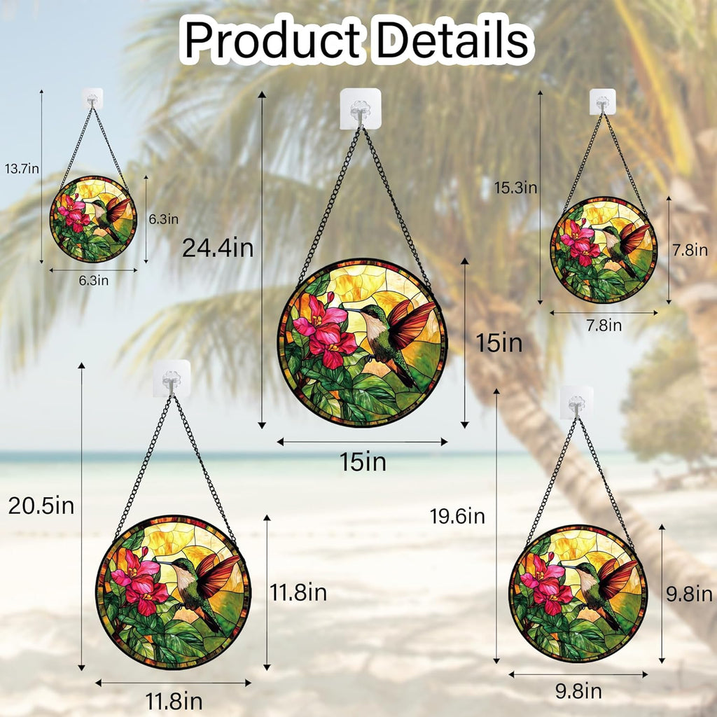 Stained Glass Suncatcher, Hummingbird Red Flowers Green Leaves Sun Catcher Stain Glass Window Hanging Decoration Mother's Day Birthday Gifts for Bird Lover Women Men Mom Nana 9.8 in