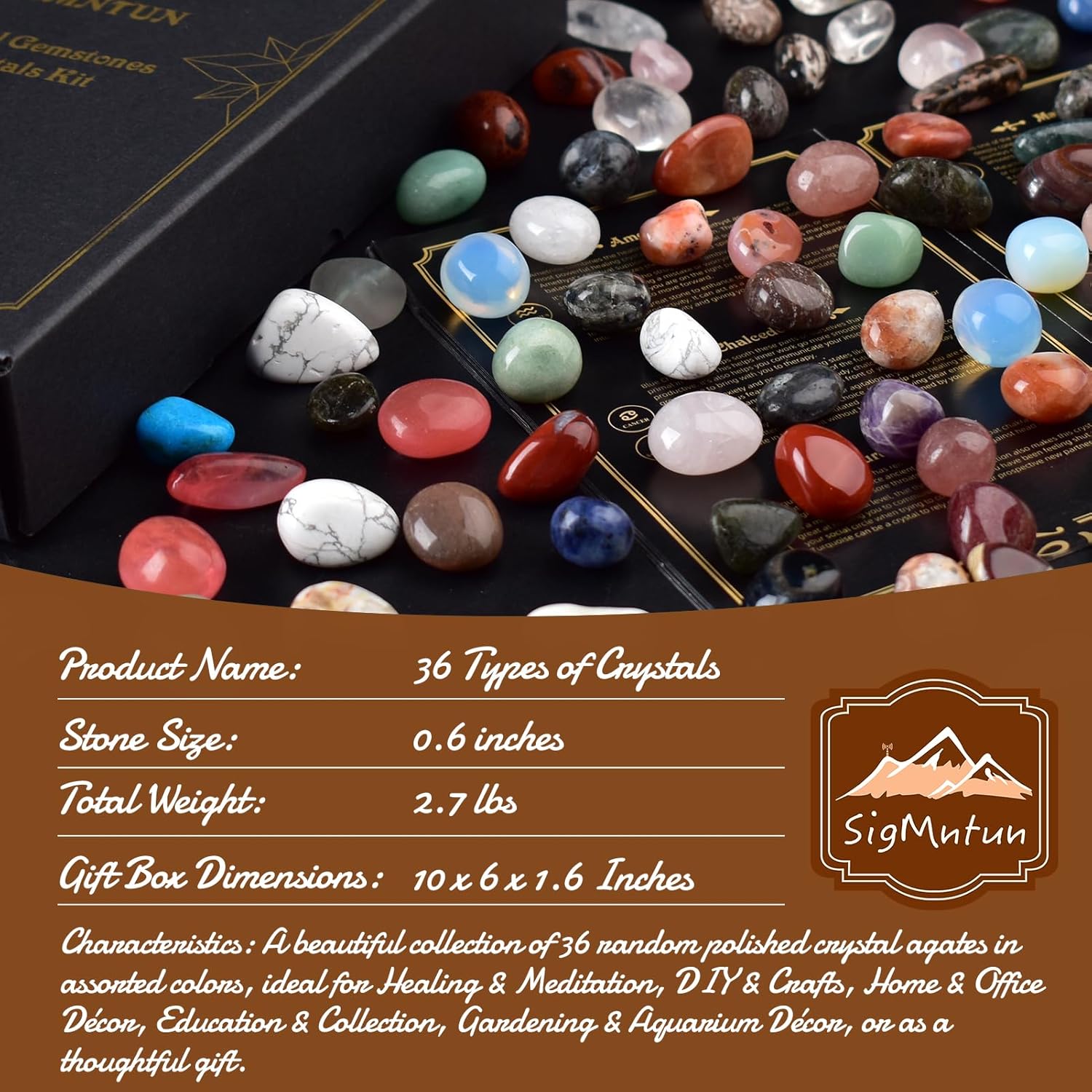 36 Varieties Healing Crystals & Stones Bulk Set – 2.5 lbs, 0.6" Natural Polished & Tumbled Gemstones Collection and Decorative Rocks for Chakra, Meditation, Reiki, Witchcraft, Crafts