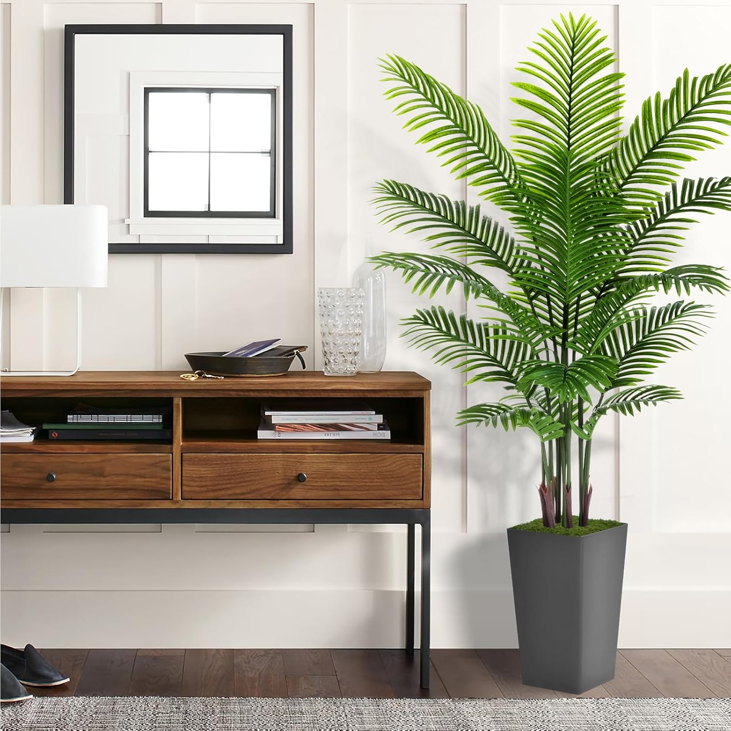 Artificial Palm Tree 6FT - Fake Tree with Gray Tall Planter - Faux Tropical Areca Floor Plant in Pot - Artificial Silk Plant for Home Office Living Room Decor Indoor