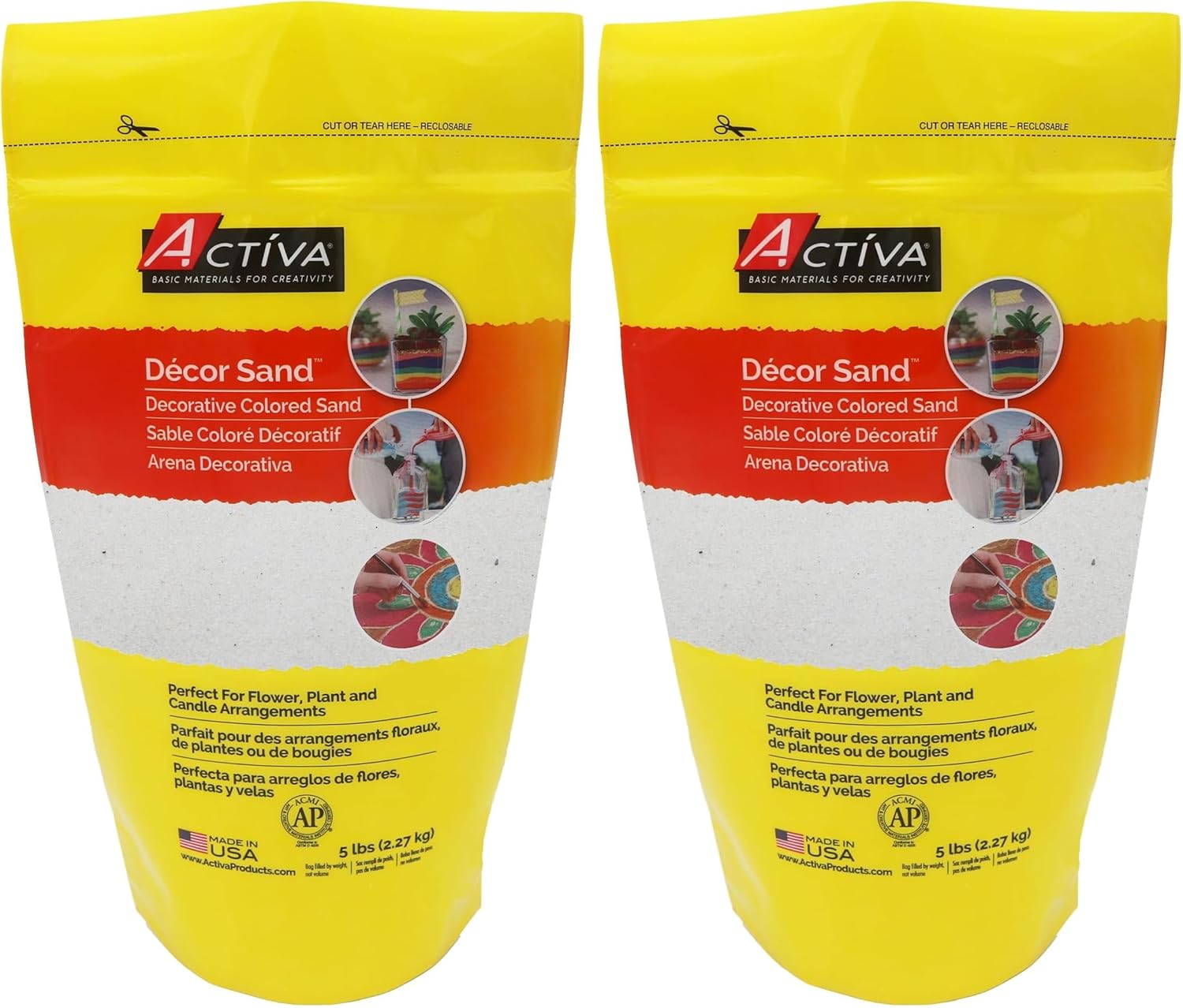 Activa White Decorative Colored Sand in Resealable Bag, 5lb (2.27kg) | Fine Grain & Fade-Proof Sand for Arts & Crafts (Pack of 2)