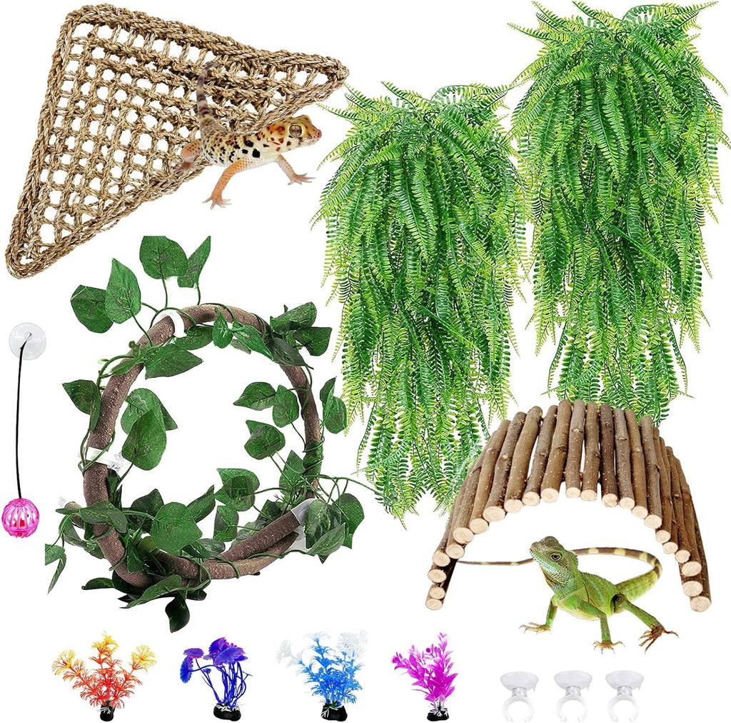 Hamiledyi Ladder and Hammock for Bearded Dragon Tank Accessories Active 11 PCS Reptile Hammock Bridge Flexible Jungle Climber Vines Leopard Gecko Tank Habitat Decor Terrarium Plants for Lizard Hiding