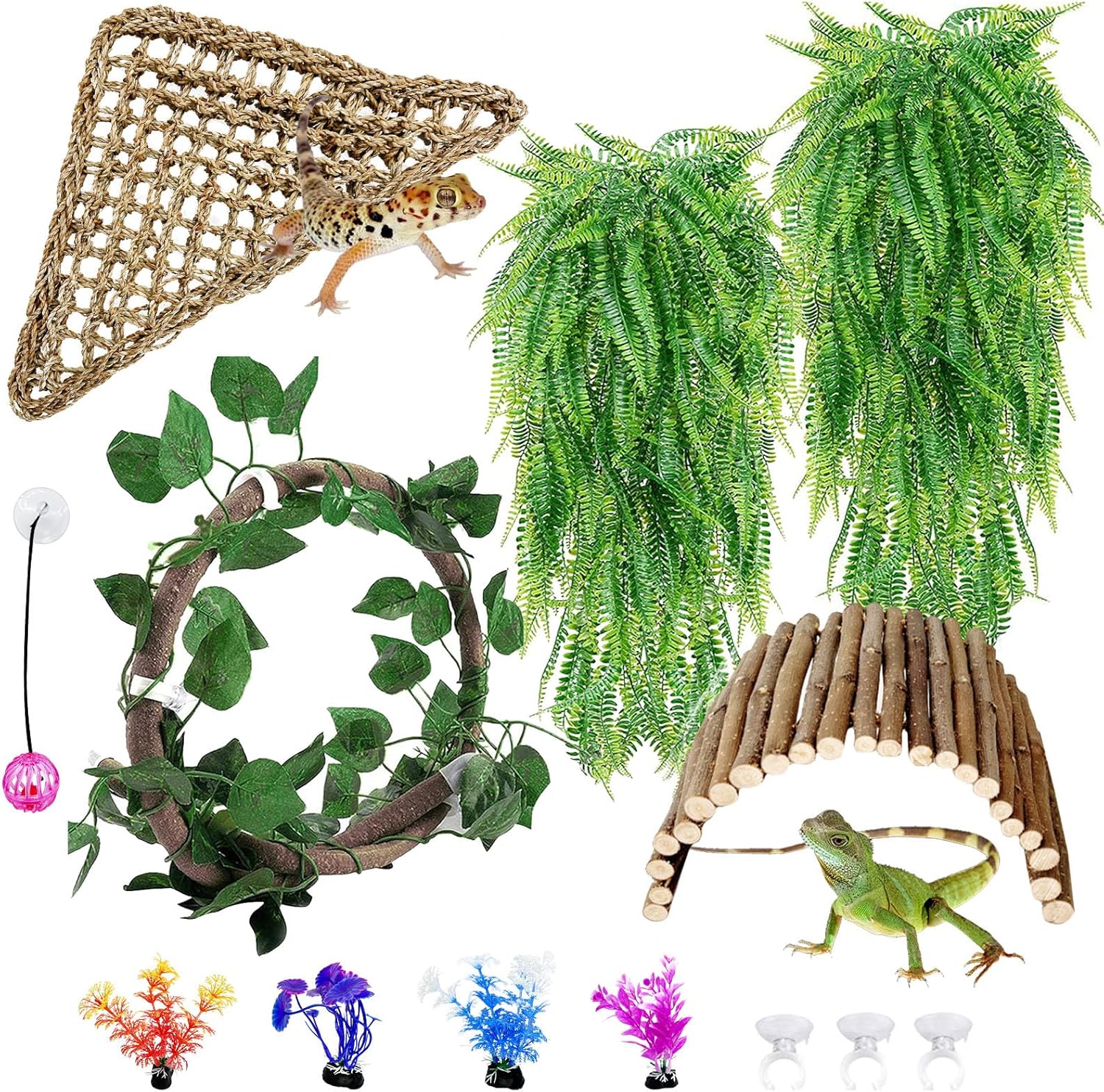Hamiledyi Ladder and Hammock for Bearded Dragon Tank Accessories Active 11 PCS Reptile Hammock Bridge Flexible Jungle Climber Vines Leopard Gecko Tank Habitat Decor Terrarium Plants for Lizard Hiding