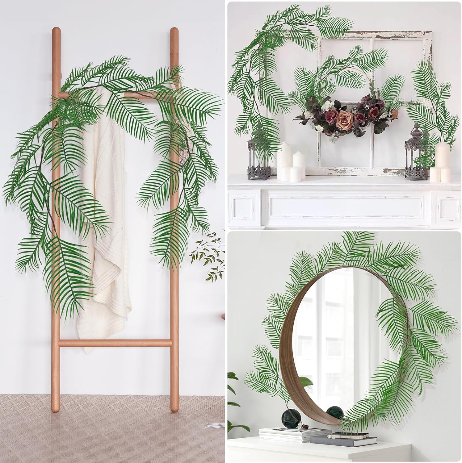 RECUTMS Artificial Palm Leaves Vine 6FT Fake Tropical Greenery Garland Faux Hanging Ivy Vines Wreaths Indoor Outdoor Home Wedding Jungle Hawaiian Luau Party DIY Fireplace Mantle Table Decoration