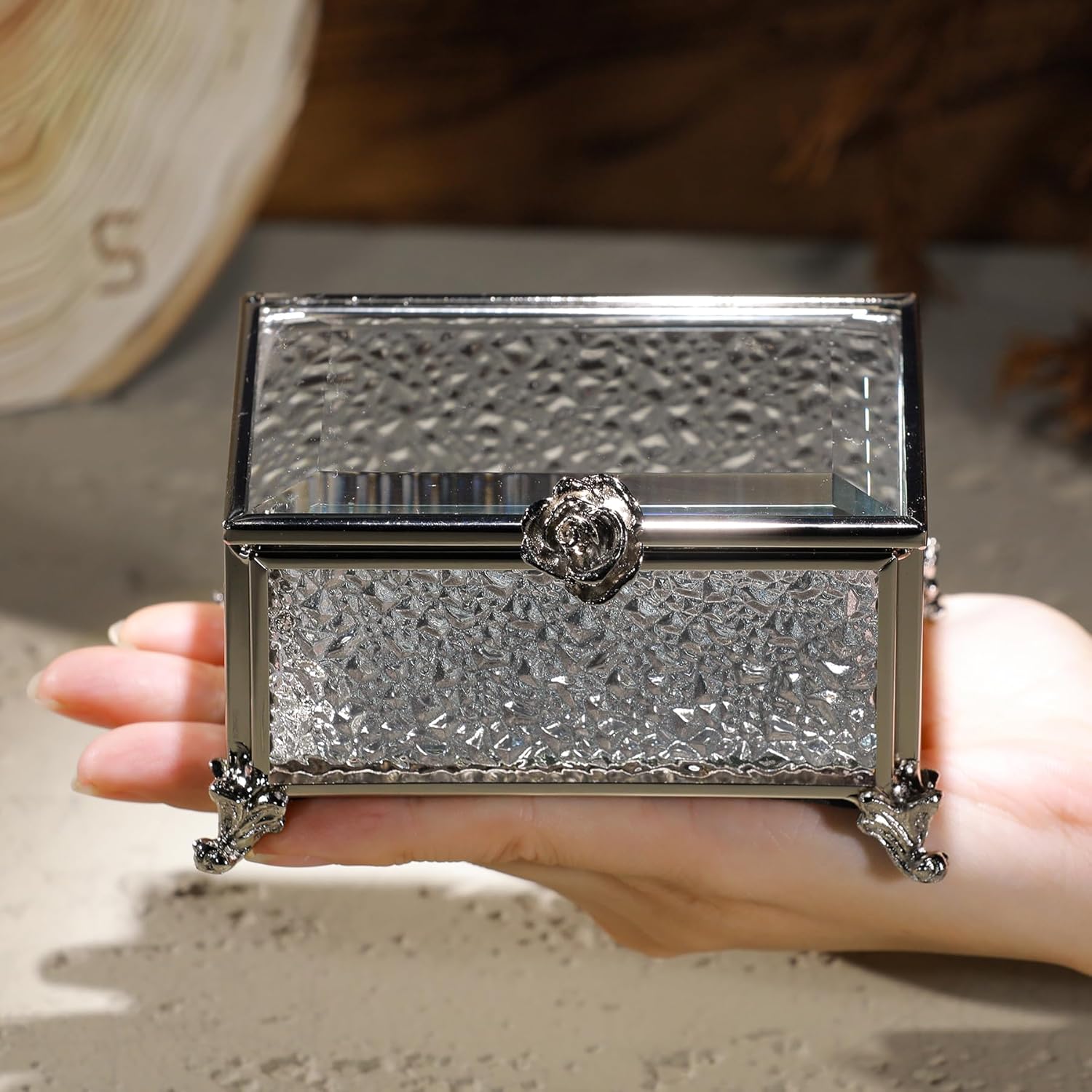 Glass Vintage Jewelry Box Keepsake storage Trinket Ring Display Box Home Decor Embossed Clear Glass Boxes Organizer(3.9x2.7x2.3Inches)