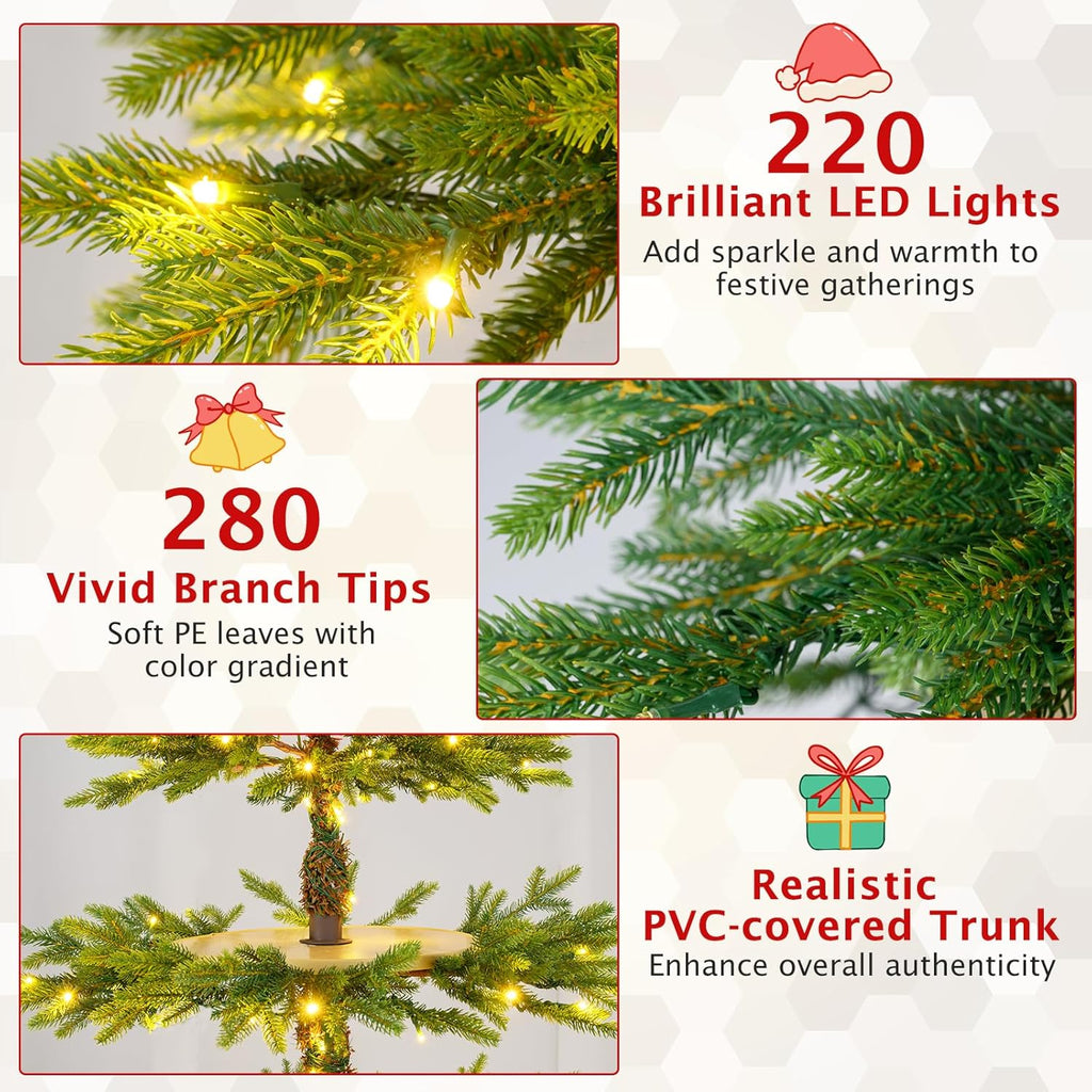 Goplus 6.4 FT Pre-Lit Rotating Christmas Tree with Display Shelves, 360° Rotatable Base, 220 Warm White & Multicolored LED Lights, 11 Modes, 280 Branch Tips, Hinged Artificial Xmas Tree for Home