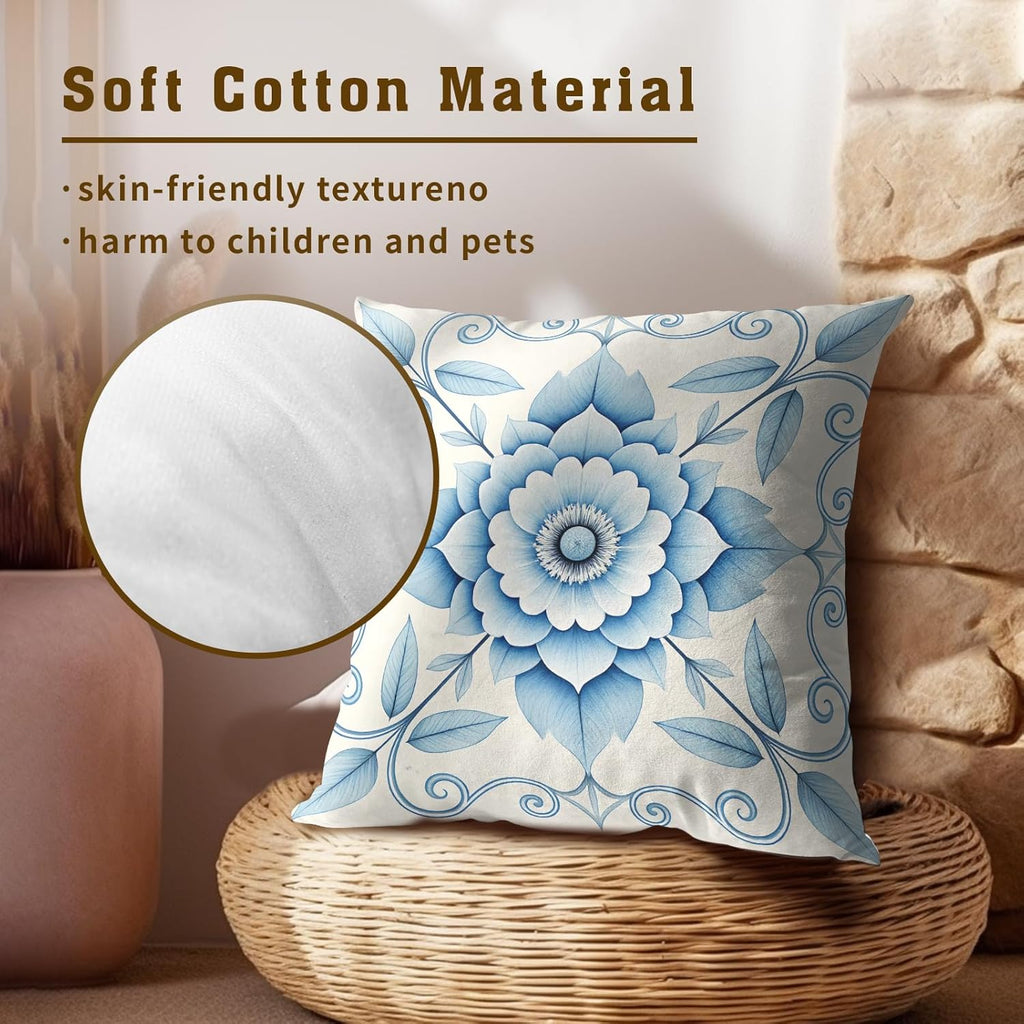 Boho Chic Blue White Floral Throw Pillow Covers Set of 2 Ultra-Soft All-Season Pillow Shams with Hidden Zipper,Durable for Sofa Bed Car Decor & Gift Luxury 18x18IN
