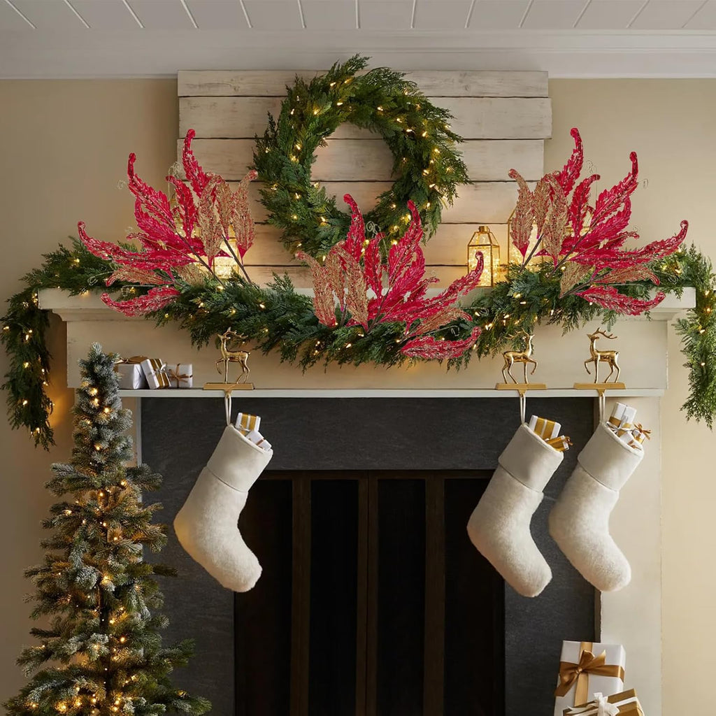 Christmas Artificial Leaves Set of 3 Sparkling 27 Inch Faux Decorative Foliage with Spray Stems Perfect for Holiday Home Decor Festive Party Decorations and Seasonal Celebrations (RedGold)