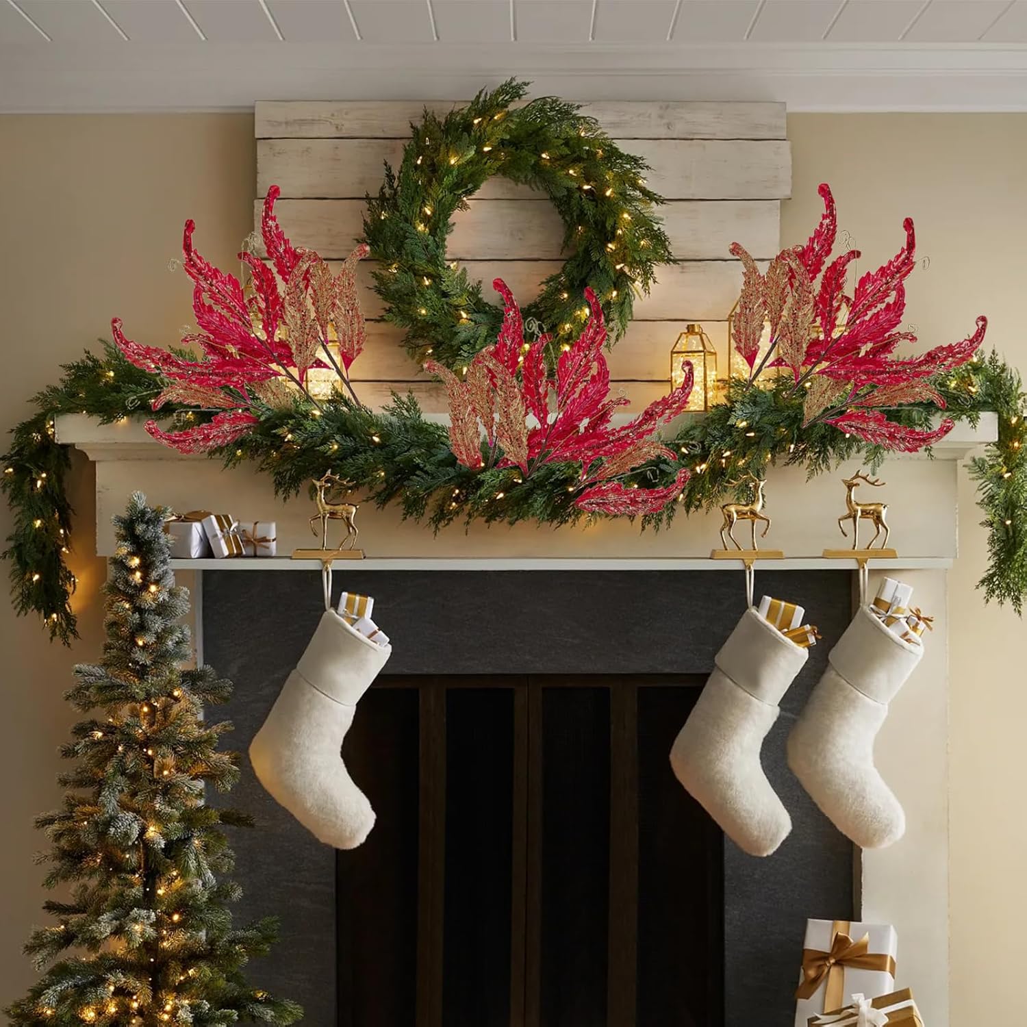 Christmas Artificial Leaves Set of 3 Sparkling 27 Inch Faux Decorative Foliage with Spray Stems Perfect for Holiday Home Decor Festive Party Decorations and Seasonal Celebrations (RedGold)