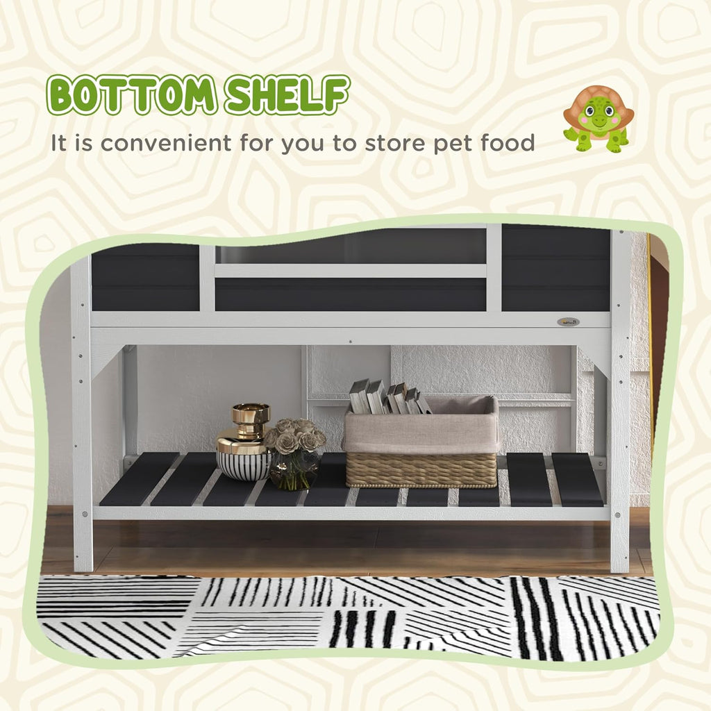PawHut Tortoise Habitat with Adjustable Lamp Holder, Wooden Tortoise Enclosure with Storage Shelf, Dual Main Houses, Attached Tray, Openable Lid, Gray