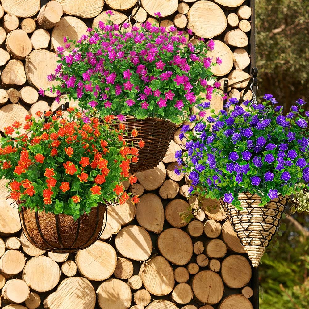 24 Bundles Outdoor Artificial Flowers UV Resistant Fake Boxwood Plants, Faux Greenery for Indoor Outside Hanging Plants Garden Porch Window Box Home Wedding Farmhouse Décor (Magenta)