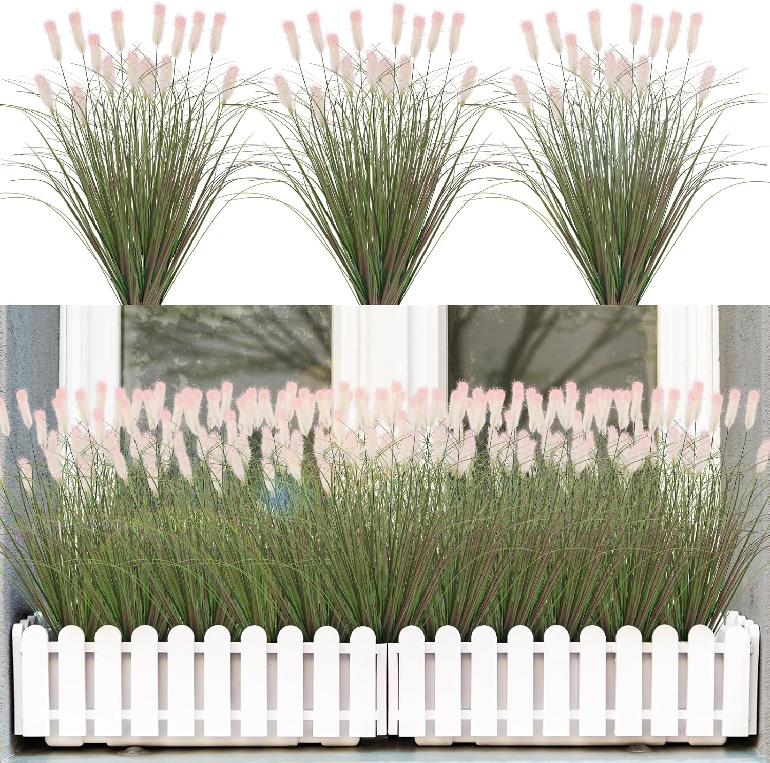 Artificial Grasses Plants Oudoor 12 Bunches Onion Grass Greenery with Plush Faux Fake Shrubs Plant Onion Wheat Grass for Outside Garden Indoor House Home Office Décor (Light Purple & Pink Plush）