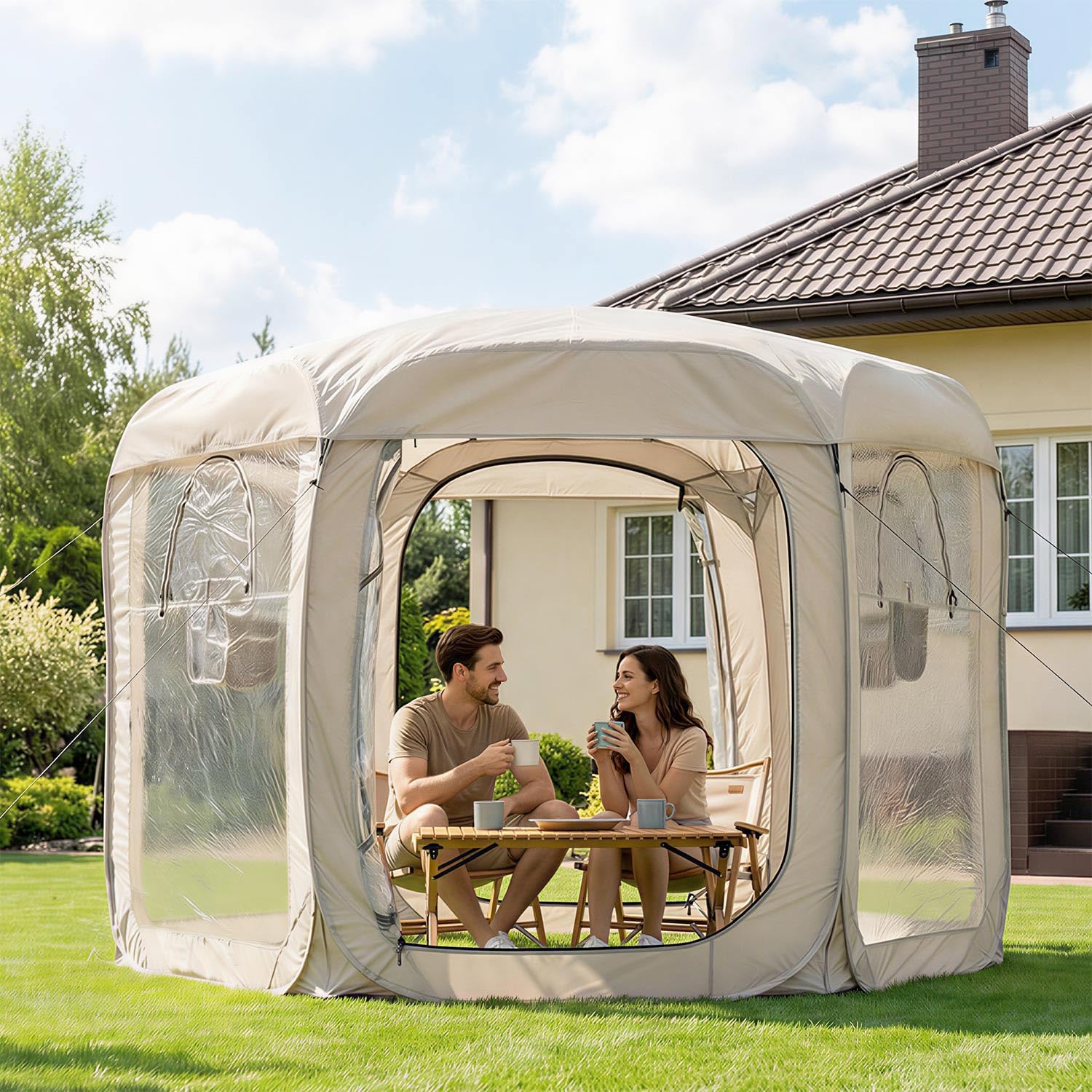 Porayhut Pop up Bubble Tent Screen House 10’X10’Large Camping Sun Shelter,Weather and Cold Proof Pod with Detachable Sunshade Cloth,Waterproof Floor,2 Zipper Doors & 4 Mesh Breathable Windows