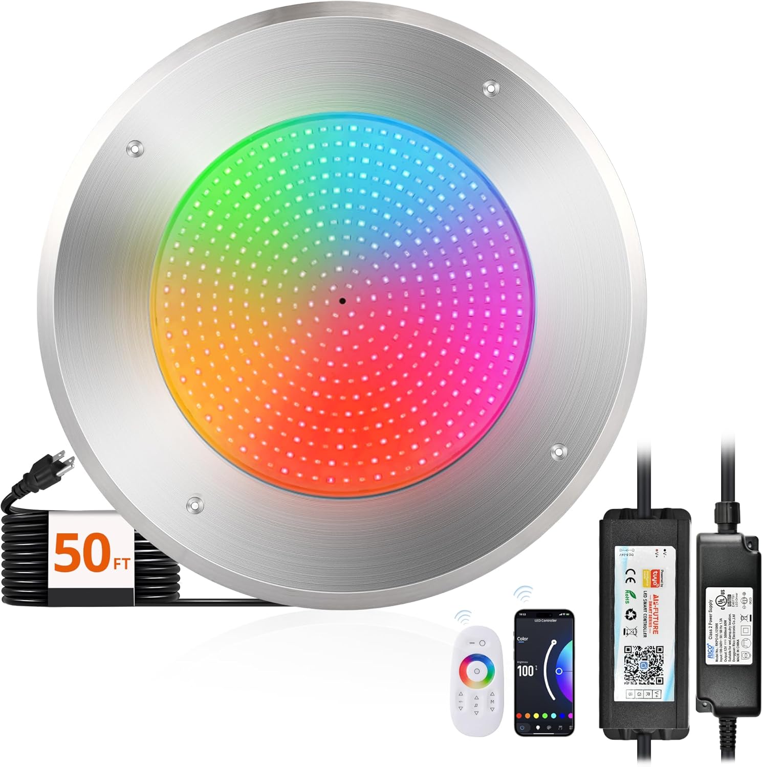 LEDIARY Pool LED Lights for Inground Pool, 120V 54W Underwater Swimming Pool Lights with 50FT Cord, RGB Multicolor, IP68 Waterproof Pool Underwater Light for 10" Wet Niches (Transformer Included)