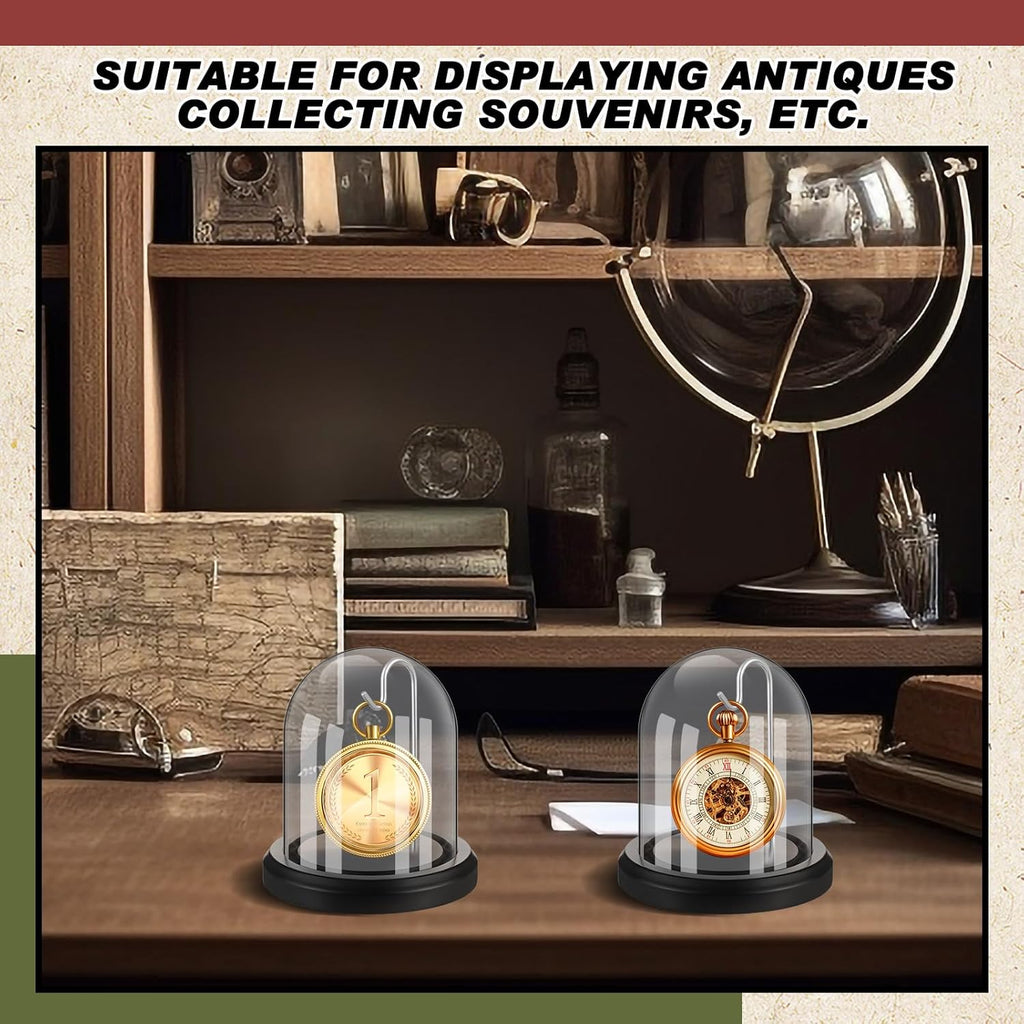 2 Pcs Pocket Watch Glass Display with Hooks Dome Cloche with Wood Base Decorative Glass Display Dome Showcase for Watch Plants Medals Photos Collectibles Dark MDF Base(3" X 4",Silver Hook)