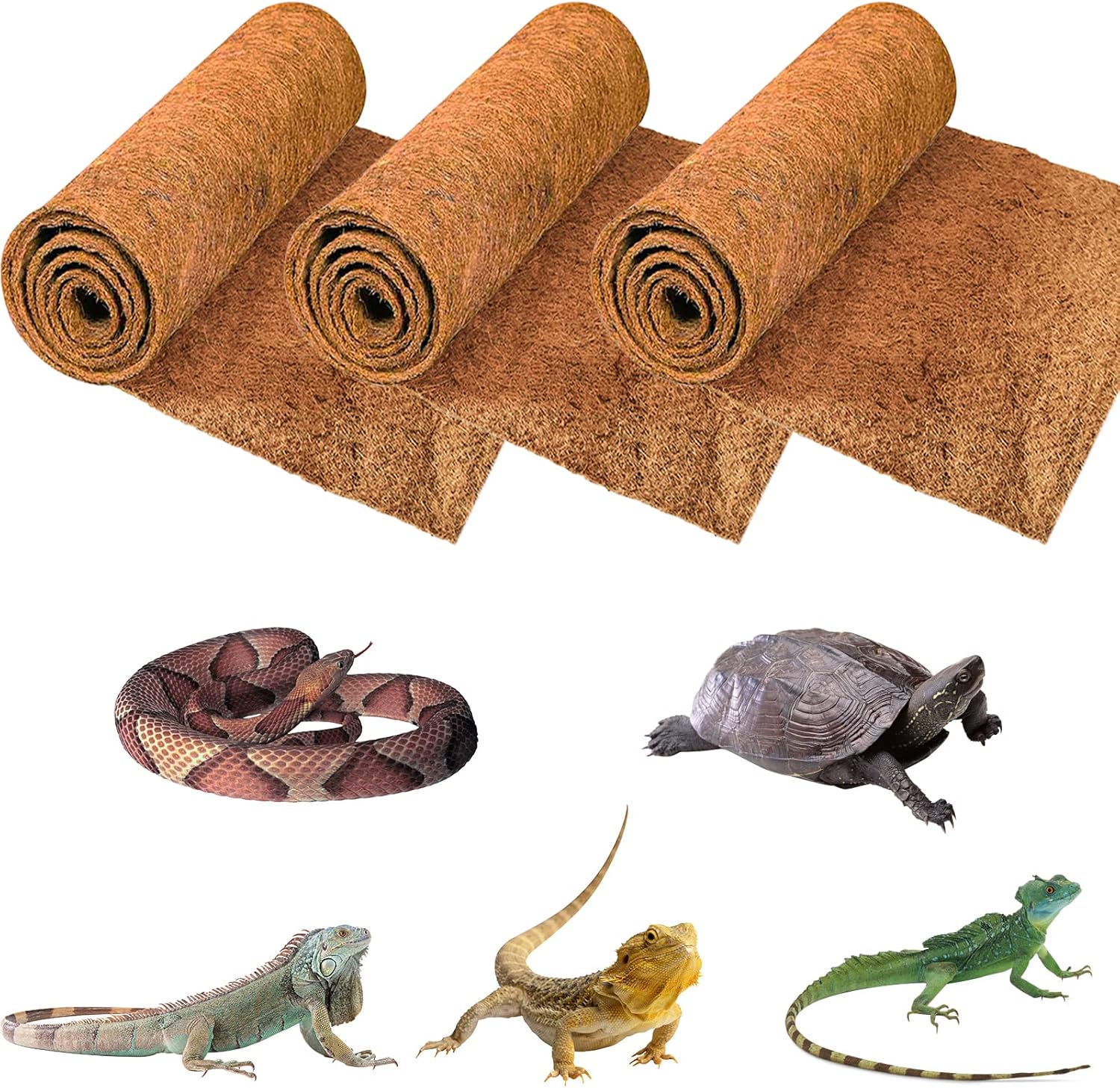 ZeeDix 3 Rolls Reptile Carpet, 16 x 36 inches Natural Coconut Fiber Liner Mat Flooring Accessories for Reptile Tank - Bearded Dragon Tortoise Lizard Turtle Snake Leopard Gecko Substrate Bedding