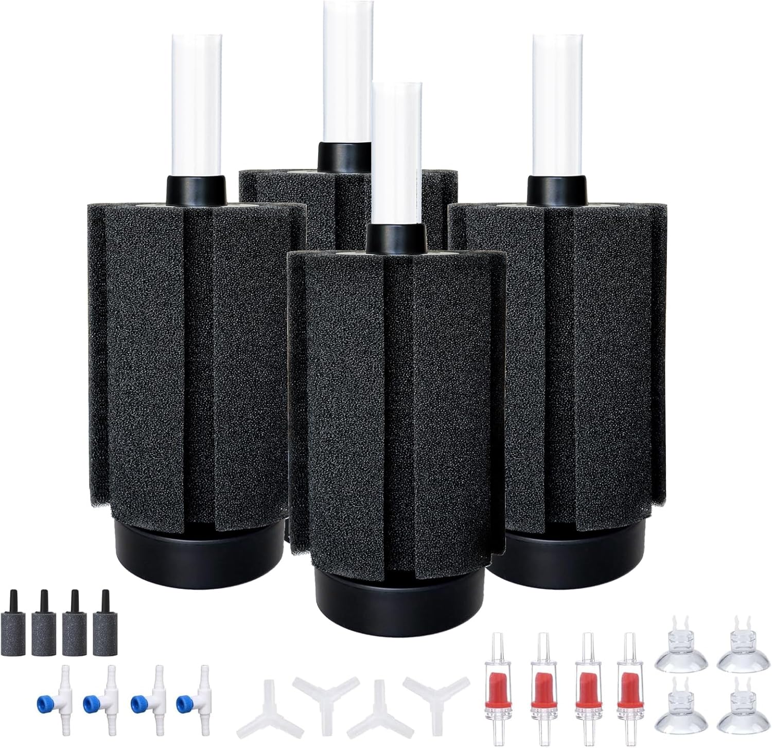 ALEGI 4pcs Large Aquarium Sponge Filter with Suction Cups, Check Valves for Breeding Fry Betta Shrimp Fish Tank ((Upgrade) 20-50 Gal 4 Pcs)