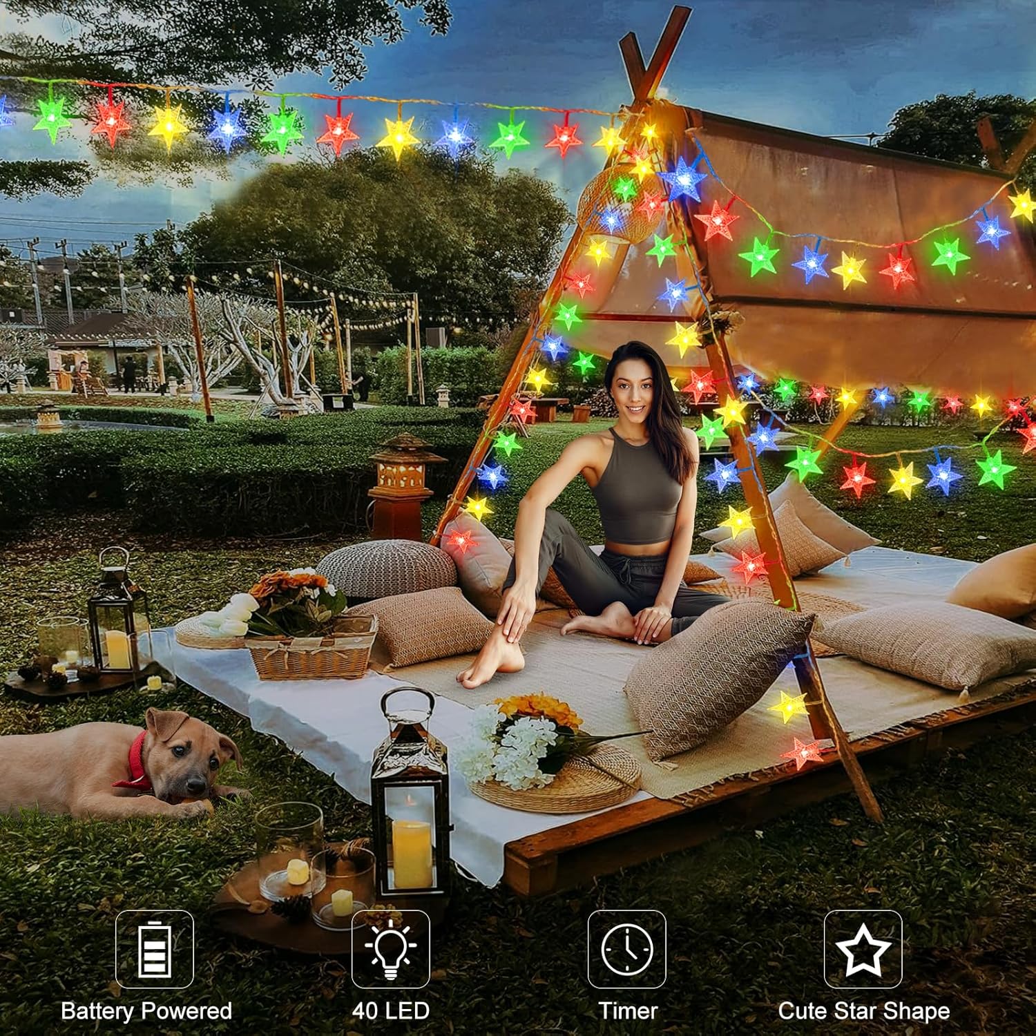 echosari Star String Lights Battery Powered, 13ft 40LED Christmas Star Fairy Light with Timer for Kids Gift Bedroom Wedding Party Decor (Multicolor)