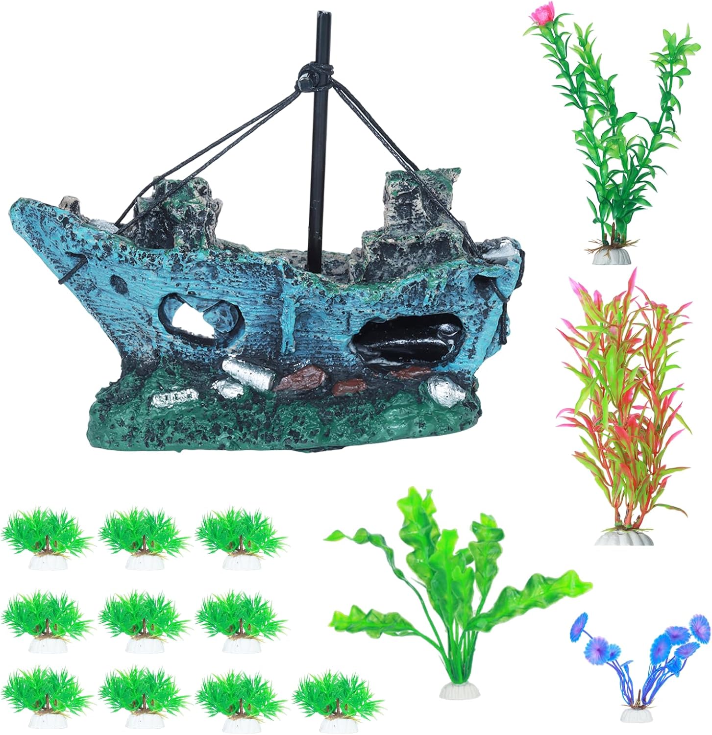 Saim Aquarium Large Shipwreck Decorations Resin Lifelike Ship Decor, Sunken Ship with Fish Tank Artificial Plastic Plants Fish Tank Accessories for Natural Look