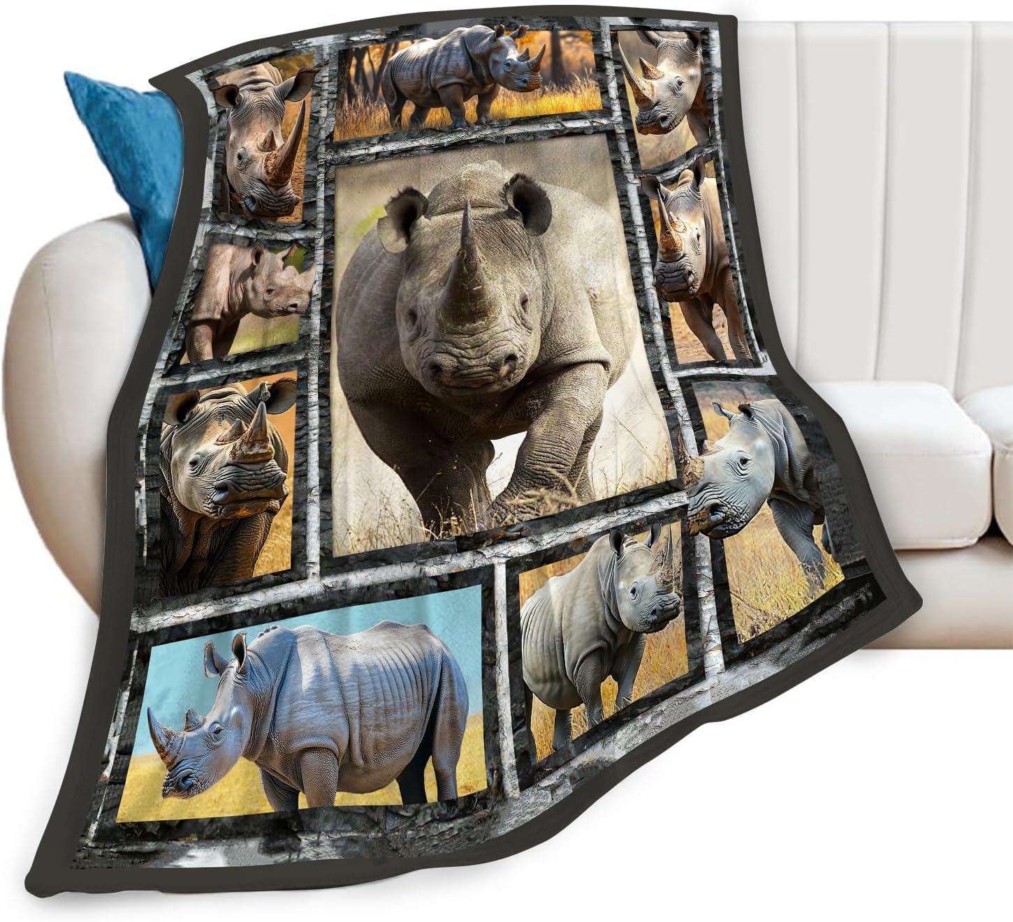 White Rhino Blanket Rhinos Animal Throw Blankets Gifts for Girls Boys Kids Rhino Lover Soft Cozy Fleece Plush for Couch Sofa Bed 60"x50"