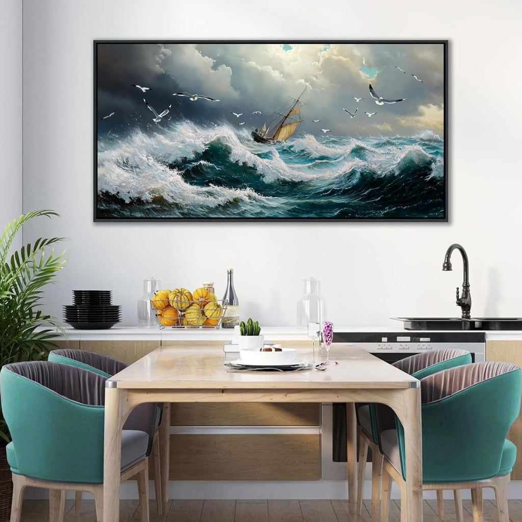 YDYSUNE Ocean Wall Art - Retro White Canvas painting Sailboat Wall Decor Textured Picture Artwork Nautical Adventurer Painting Coastal Art Framed for Living Room Bedroom Home 24x48inch