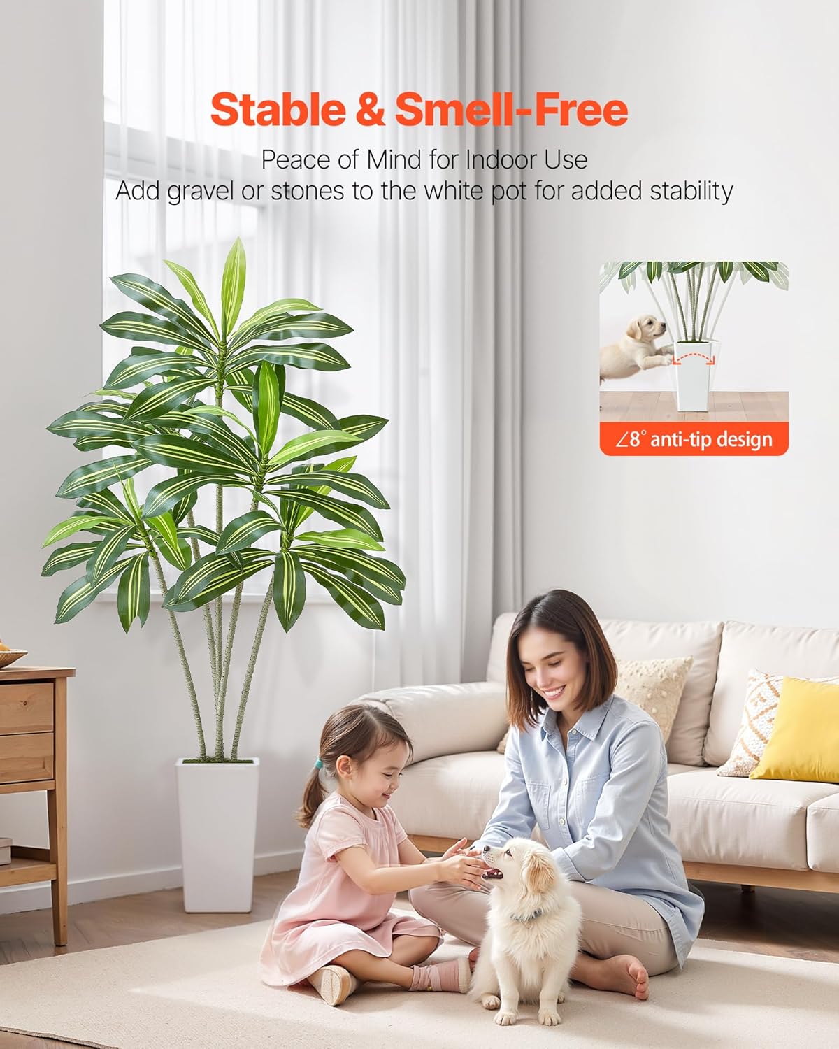 VEVOR Artificial Dracaena Tree 6 ft, Fake Palm Tropical Plants with White Tall Planter, Faux Floor Silk Plant in Pot, Large Trees for Home Office Living Room Decor House Warming, Indoor Outdoor