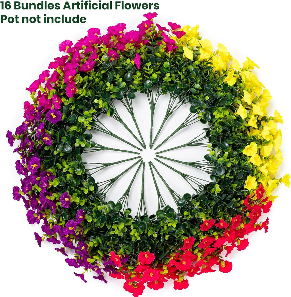 Artificial Faux Flowers for Outdoor 16 Bundles Boxwood Fake Morning Glory for Planter,UV Resistant Fake Flowers for Home Porch Patio Outside（4 Color）