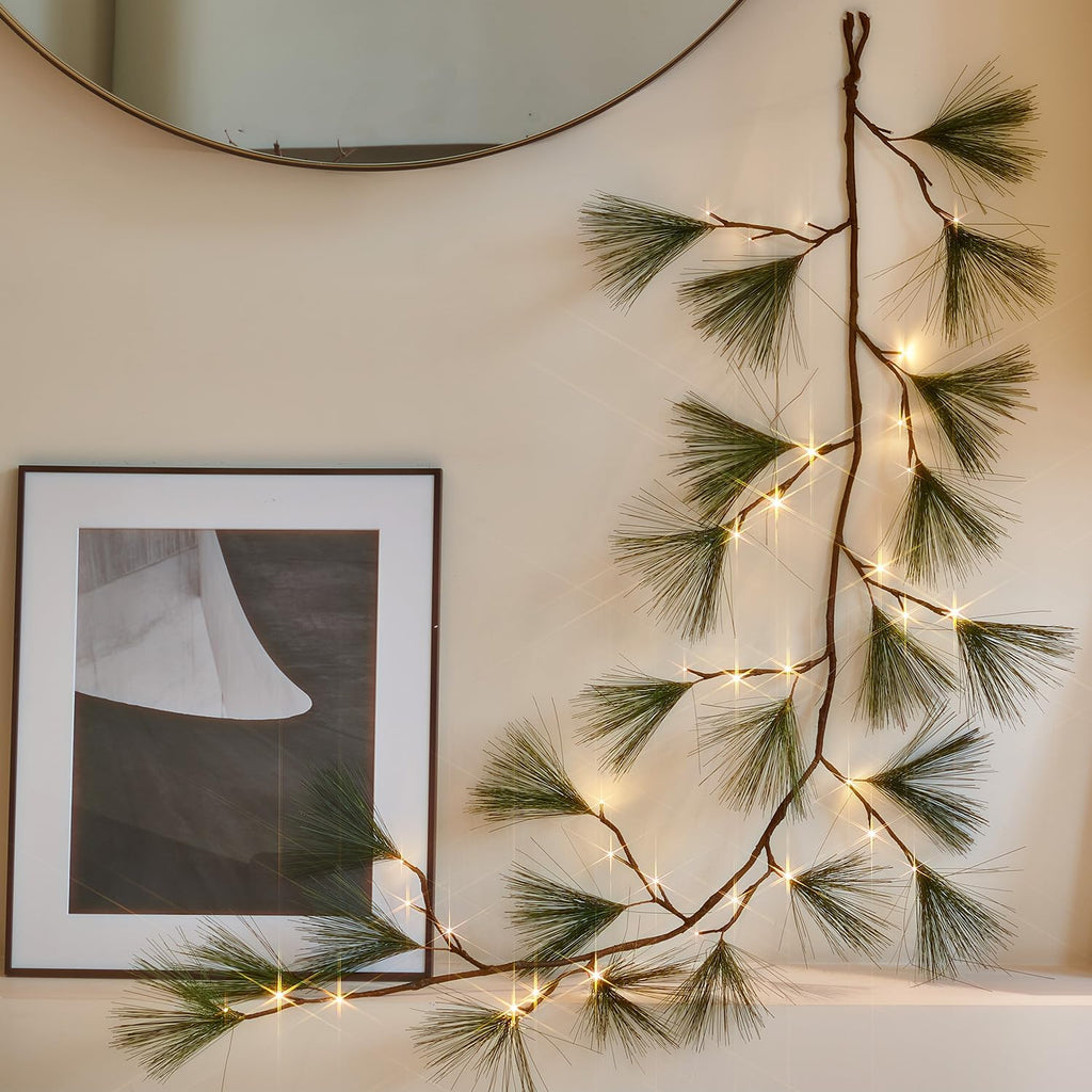 Fudios Lighted Christmas Pine Garland with Timer 6 FT Battery Operated or USB Plug, Artificial Greenery Garland Lights Home Holiday Fireplace Mantle Decor