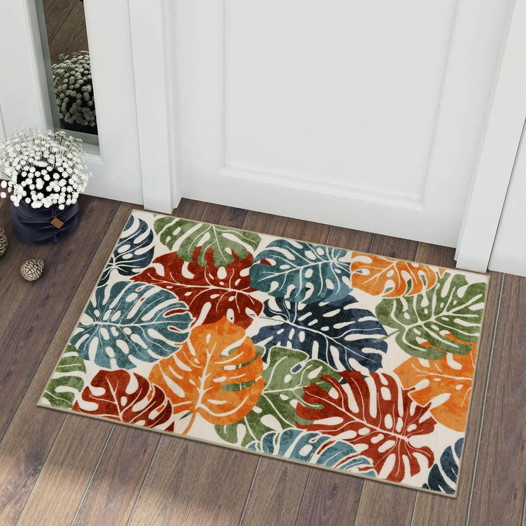 Wonnitar Colorful Washable Rugs 2x3, Tropical Leaves Front Door Entryway Rug, Non-Slip Monstera Bathroom Accent Mat Plant Soft Small Floor Carpet for Indoor Entrance Kitchen Sink Decor