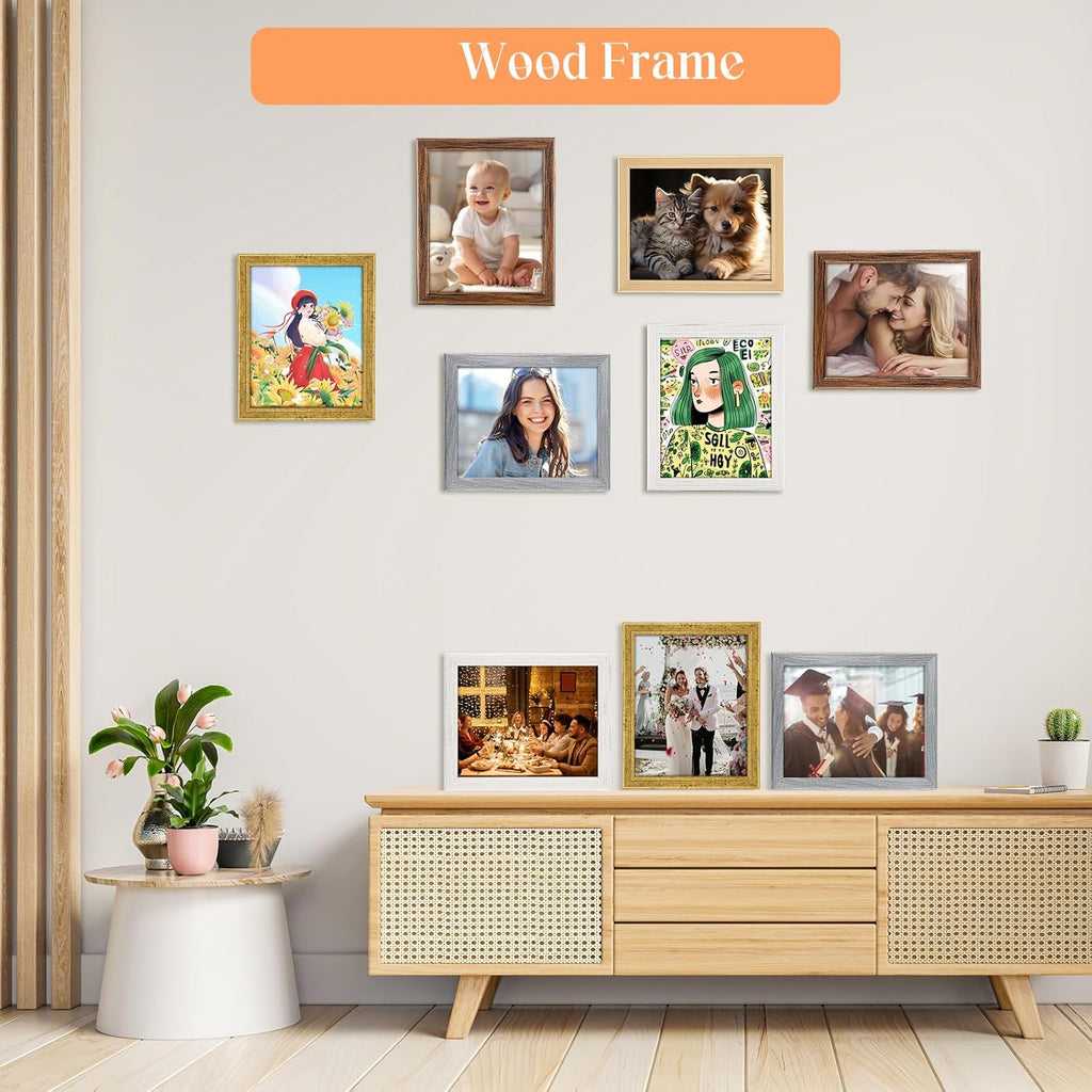 8x9 Wood Frame White, Natural Woodgrain 9x8in Picture Frame, Rustic Wooden 8 x 9 inch Gallery Photo Poster Frame with HD Plexiglass, Horizontal Vertical Wall Mounting Tabletop Display 1Pcs