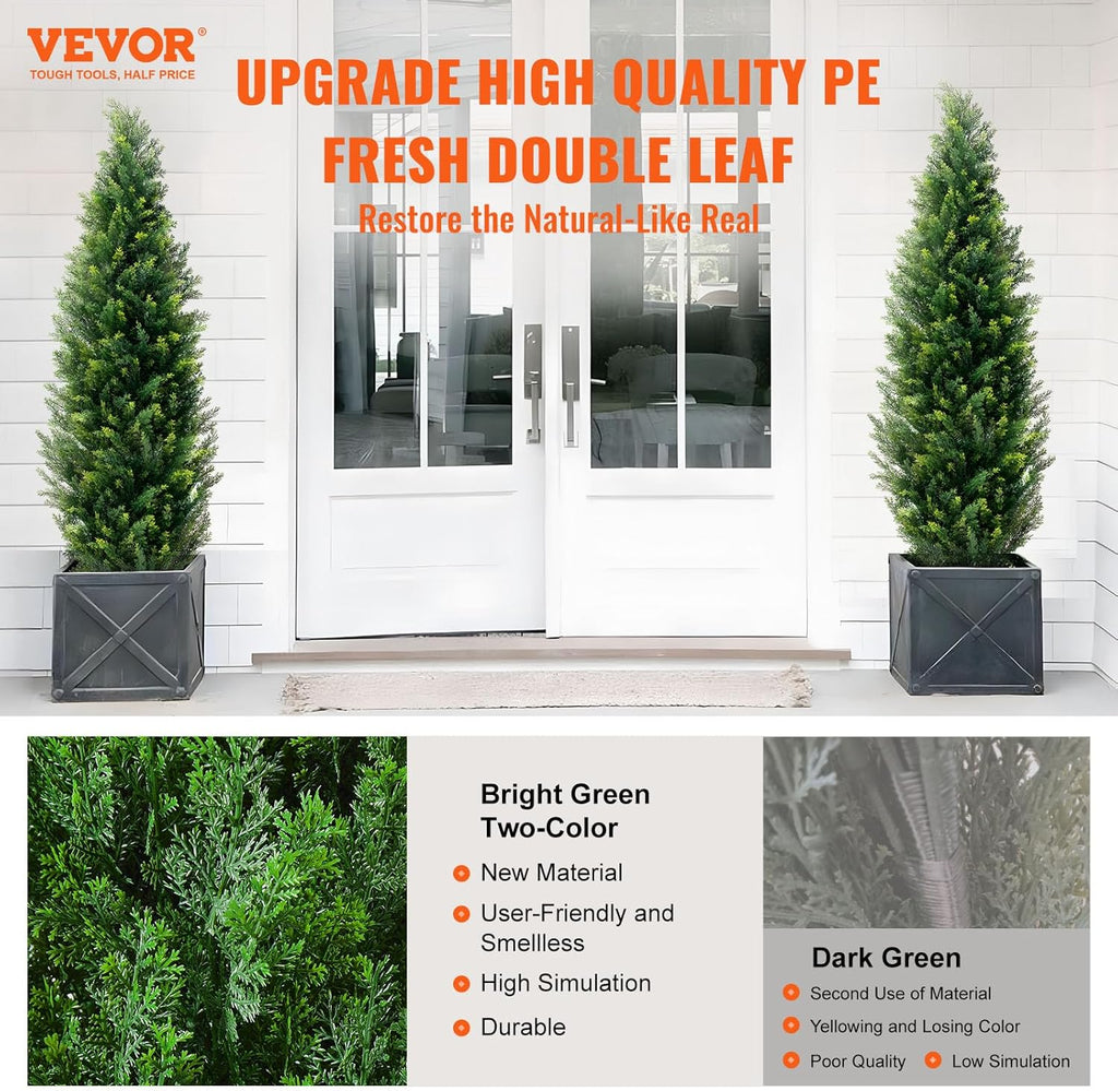 VEVOR Artificial Topiary Cedar Tree, 60 inch Tall (2 Pieces), with Extra Leaves & Pot Faux Evergreen Fake Pine Cypress Trees Plant, UV Rated Artificial Greenery Set for Home Decor Indoor/Outdoor