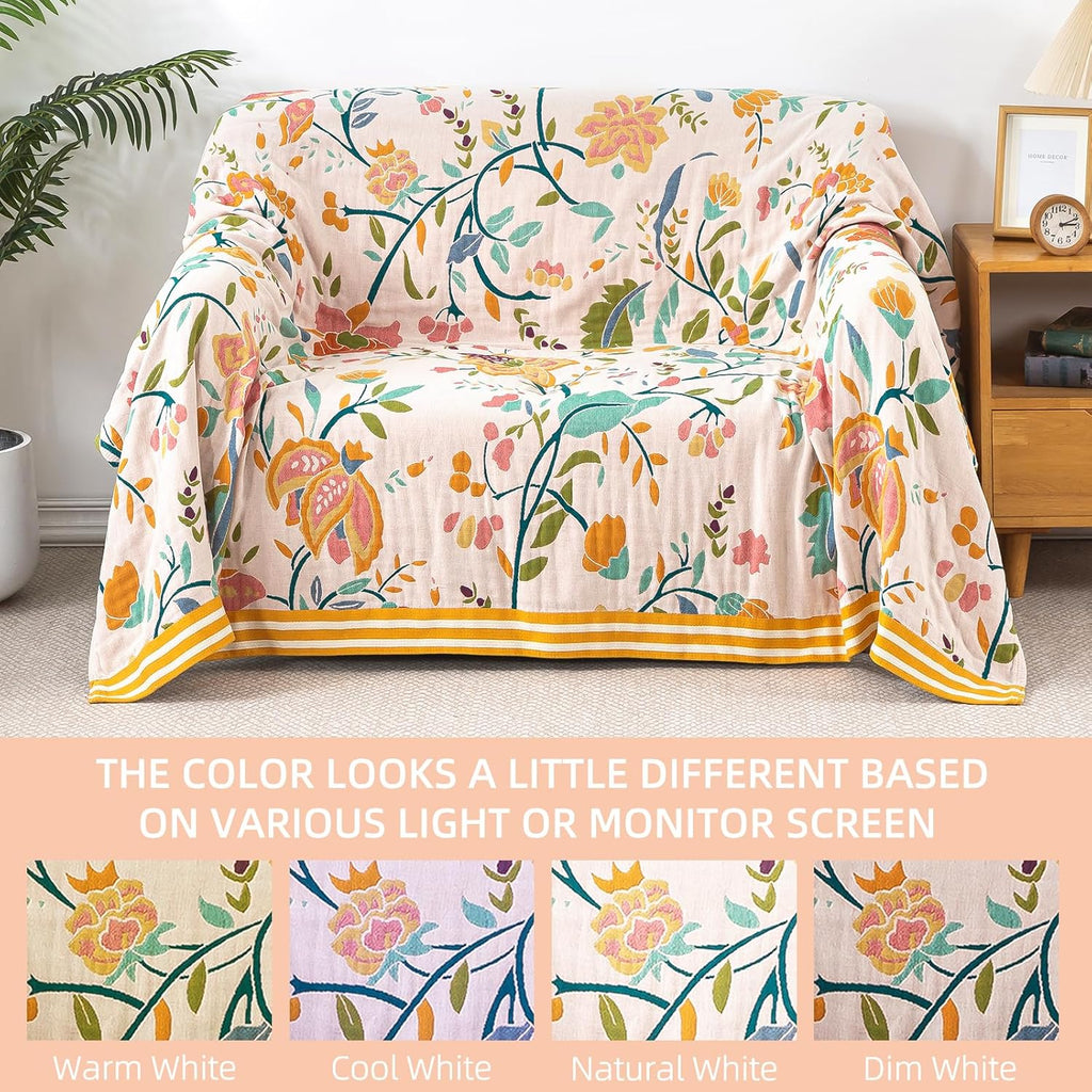 Boho Throw Blanket for Bed, 100% Pure Cotton Ultra Soft Rustic Quilt, Farmhouse Decor Bed Blankets, All Season Rustic Throw for Sofa Couch Chair(91"x 98", Boho Floral)