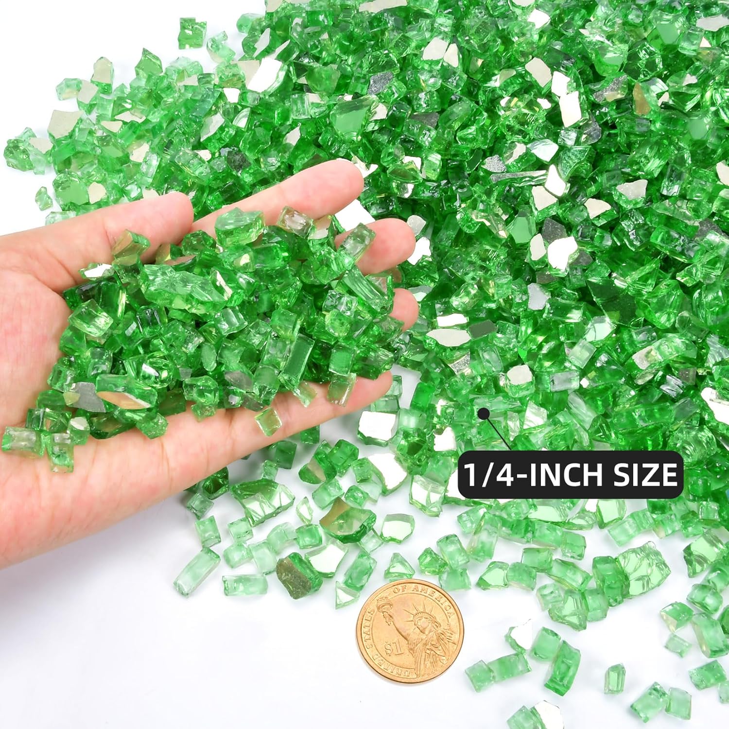 GasSaf 1/4 Inch Fire Glass Reflective Tempered Fireglass Cut Crushed FireGlass for Fire Pit, Fireplace, Replaces Existing Gas Logs & Lava Rocks (10 Pound)(Green Reflective)