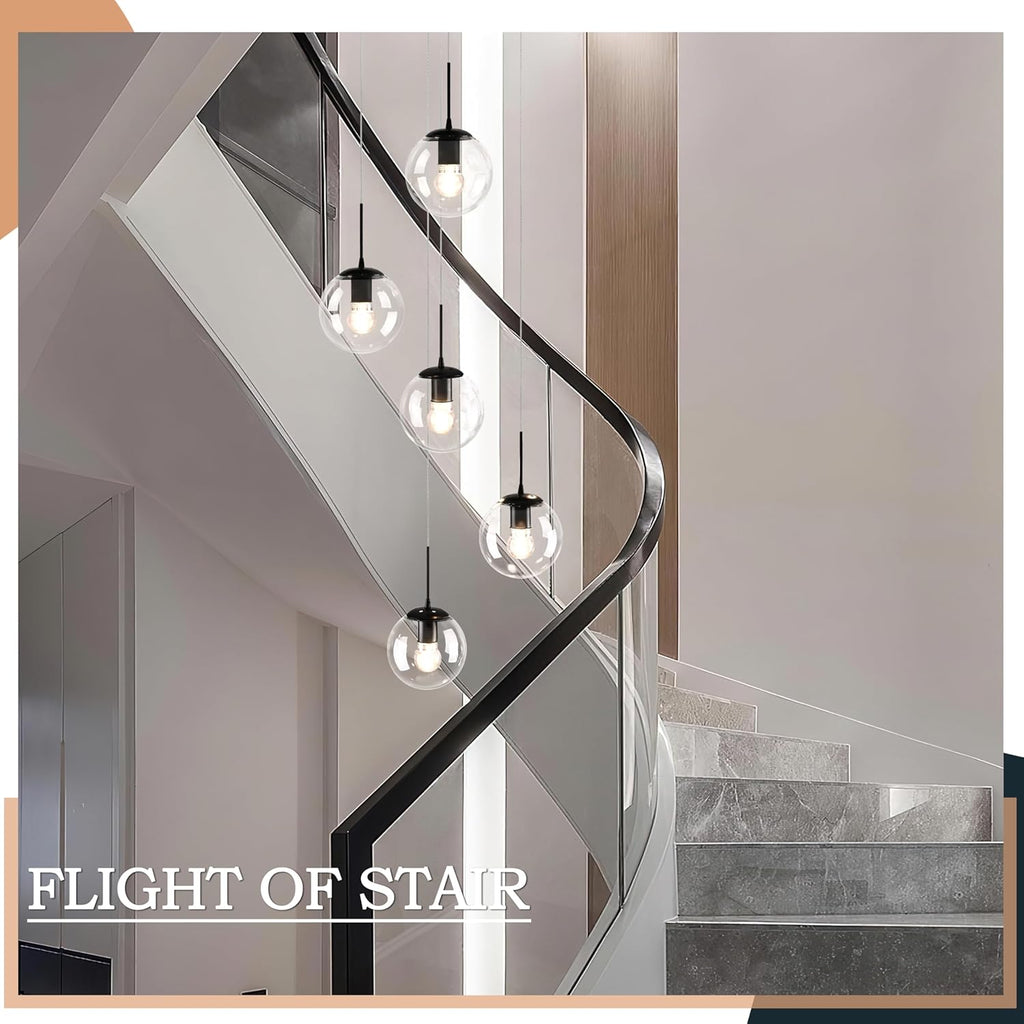 KoKo&Yukina 5-Light Globe Glass Pendant Light Adjustable Length Pendant Lights Modern Black Clear Globe Glass Chandelier High Ceiling Lights Fixtures for Foyer Staircase Entryway (Bulb & Remote Incl)