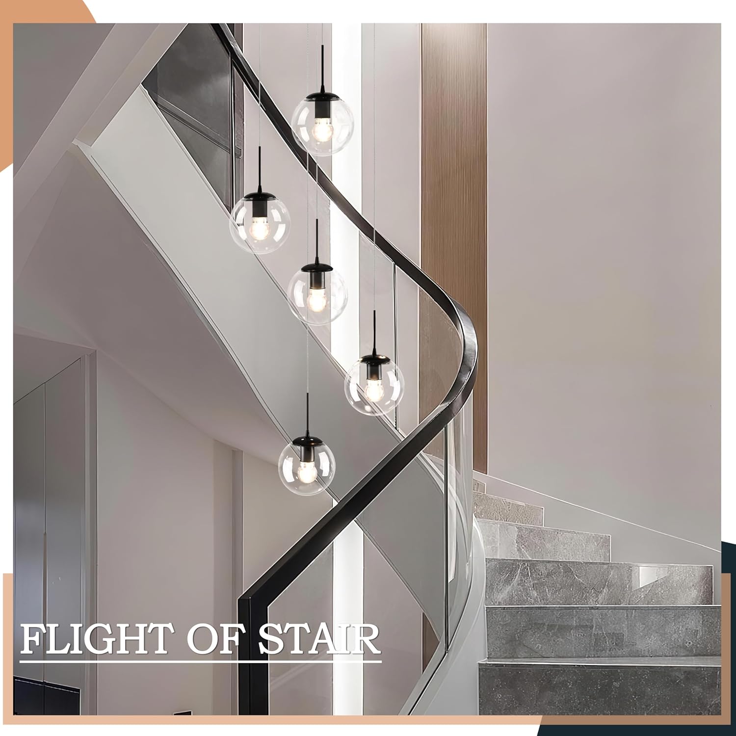 KoKo&Yukina 5-Light Globe Glass Pendant Light Adjustable Length Pendant Lights Modern Black Clear Globe Glass Chandelier High Ceiling Lights Fixtures for Foyer Staircase Entryway (Bulb & Remote Incl)