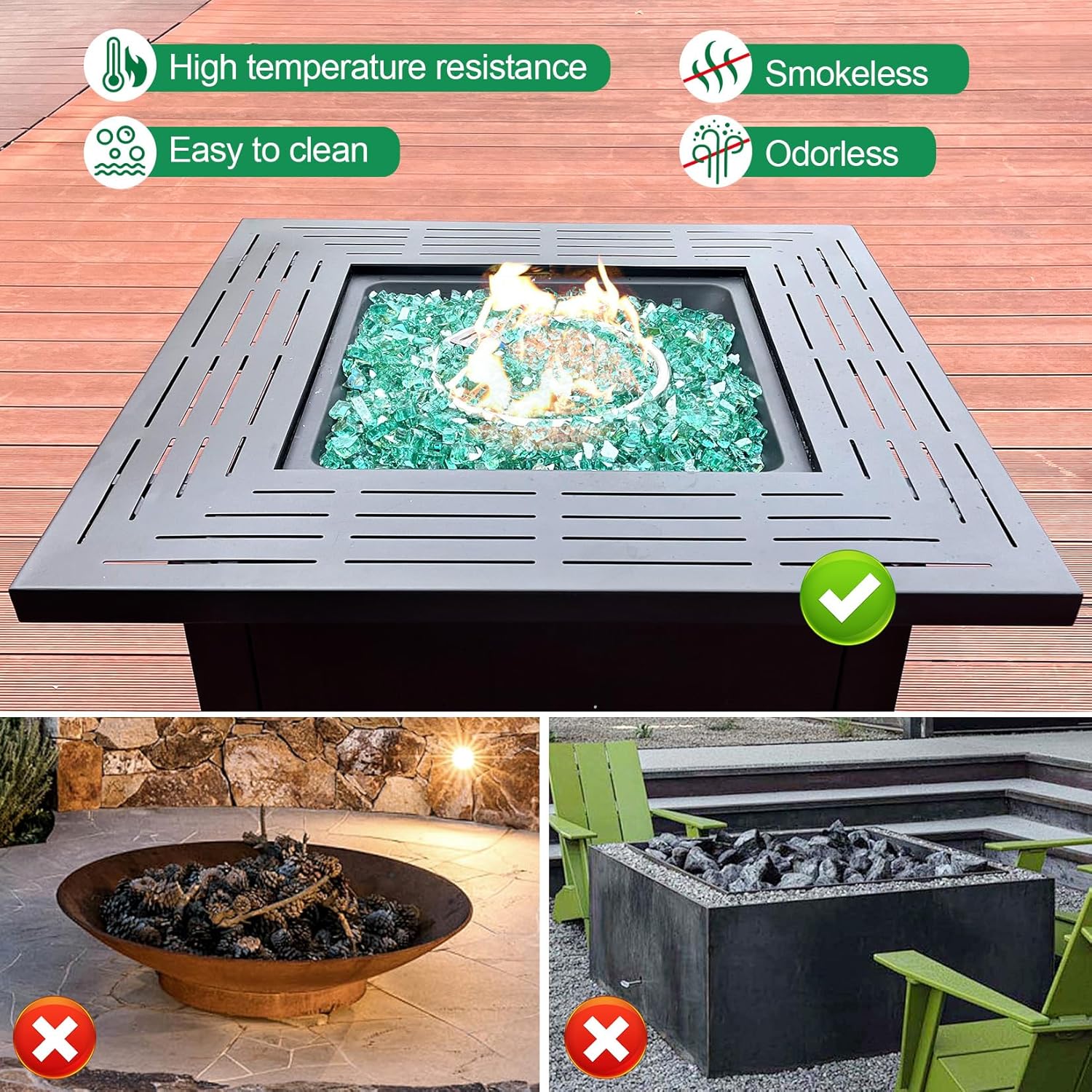 GasSaf 1/2 Inch Fire Glass Reflective Tempered Fireglass Cut Crushed FireGlass for Fire Pit, Fireplace, Replaces Existing Gas Logs & Lava Rocks (10 Pound)(Green Reflective)
