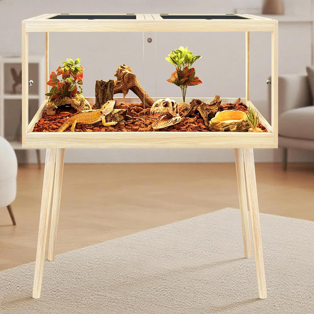 Prolee Bearded Dragon Tank with Leg Stand,Wooden Lizard Tank,Reptile Tank with Metal Mesh Roof Door, Acrylic Panel Snake Tank with Lock Design (Oak, 40"x20"x20")