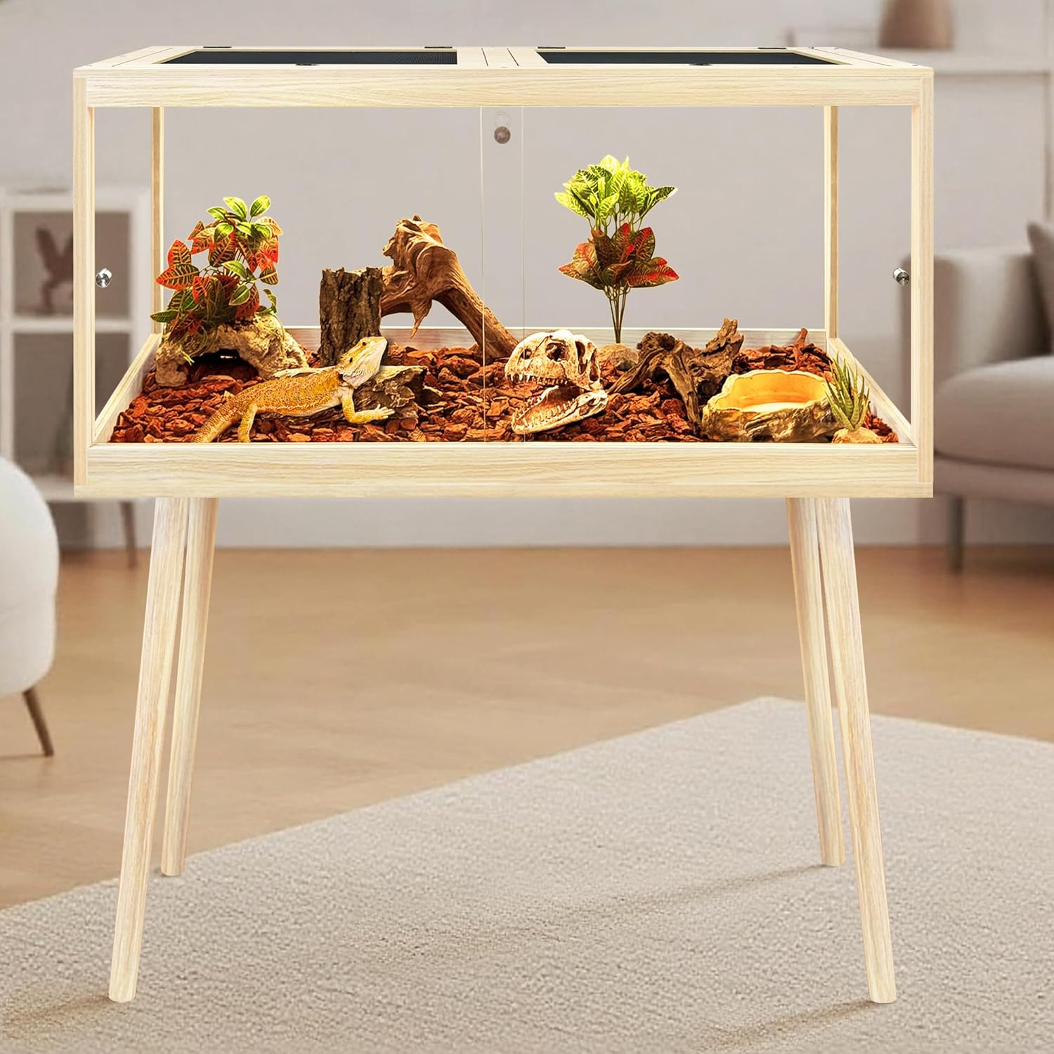 Prolee Bearded Dragon Tank with Leg Stand,Wooden Lizard Tank,Reptile Tank with Metal Mesh Roof Door, Acrylic Panel Snake Tank with Lock Design (Oak, 40"x20"x20")