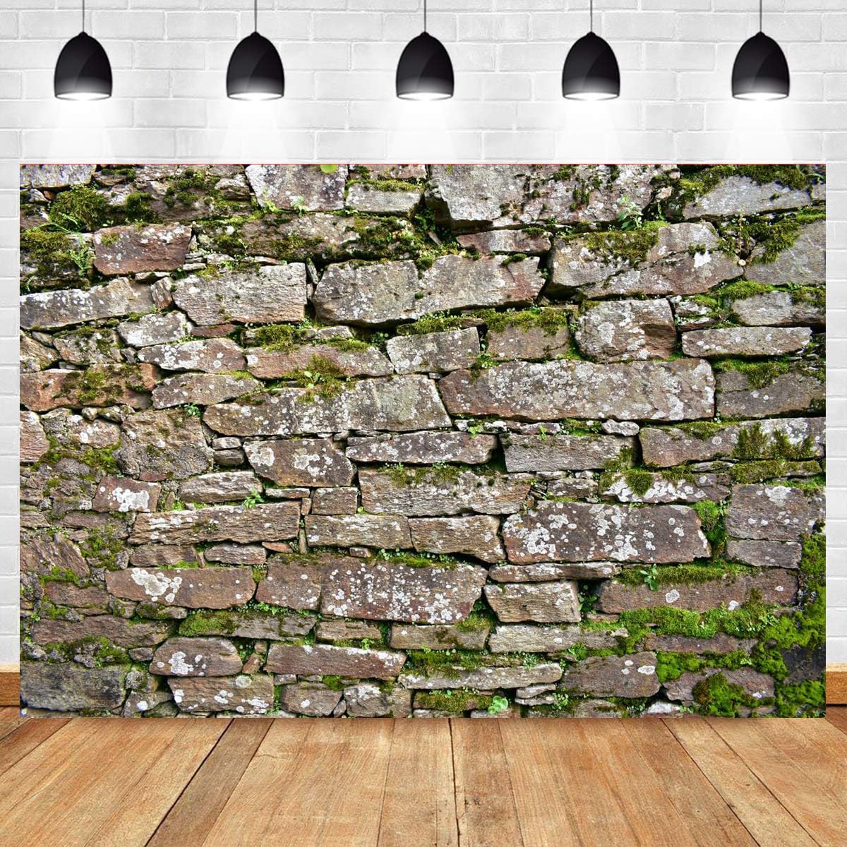 CapiSco Vintage Brick Stone Wall Backdrop 7x5FT Vintage Textured Stone Ancient Rock Wall Castle Wall Overgrown Wall Green Leaf Background Medieval Castle Mossy Stone Wall for Party Decorations