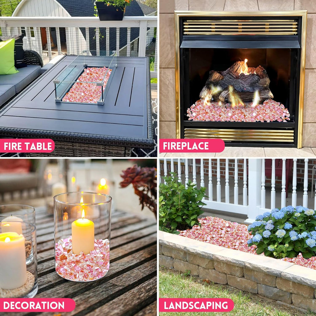 GasSaf 1/4 Inch Fire Glass Reflective Tempered Fireglass Cut Crushed FireGlass for Fire Pit, Fireplace, Replaces Existing Gas Logs & Lava Rocks (20 Pound)(Rose Gold)